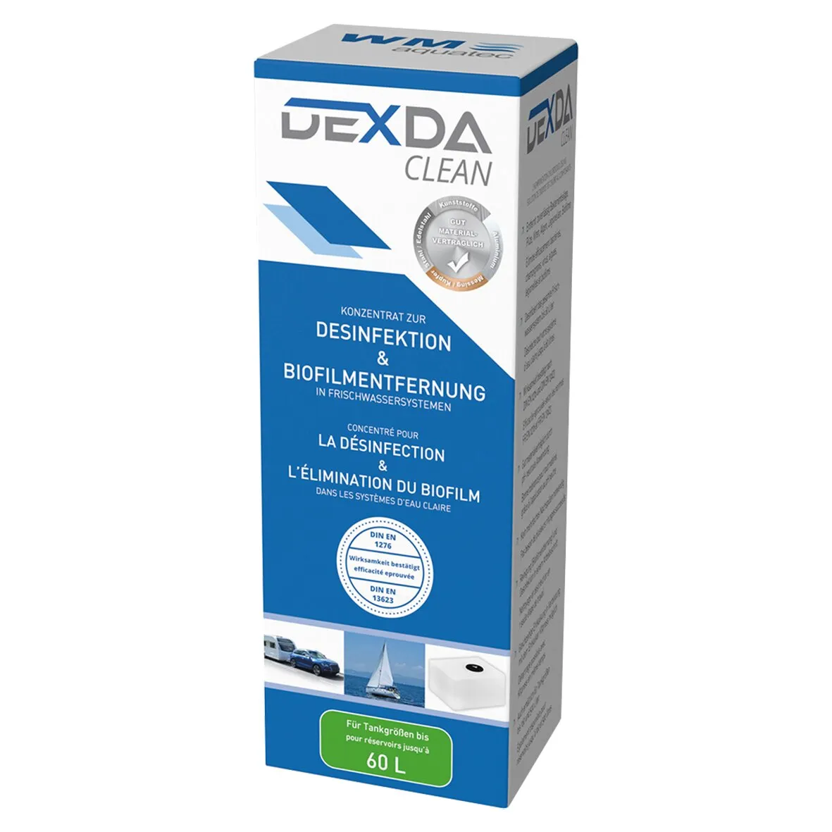 DEXDA CLEAN Hygiene-Konzentrat im weißen, blau bedruckten Karton für Wassertanks bis 60 Liter zur Desinfektion und Biofilmentfernung