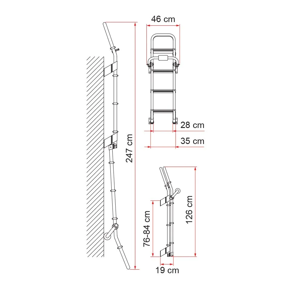 Außenleiter Deluxe 8 klappbar als technische Zeichnung in Vorder- und Seitenansicht mit Maßangaben bis 247 cm