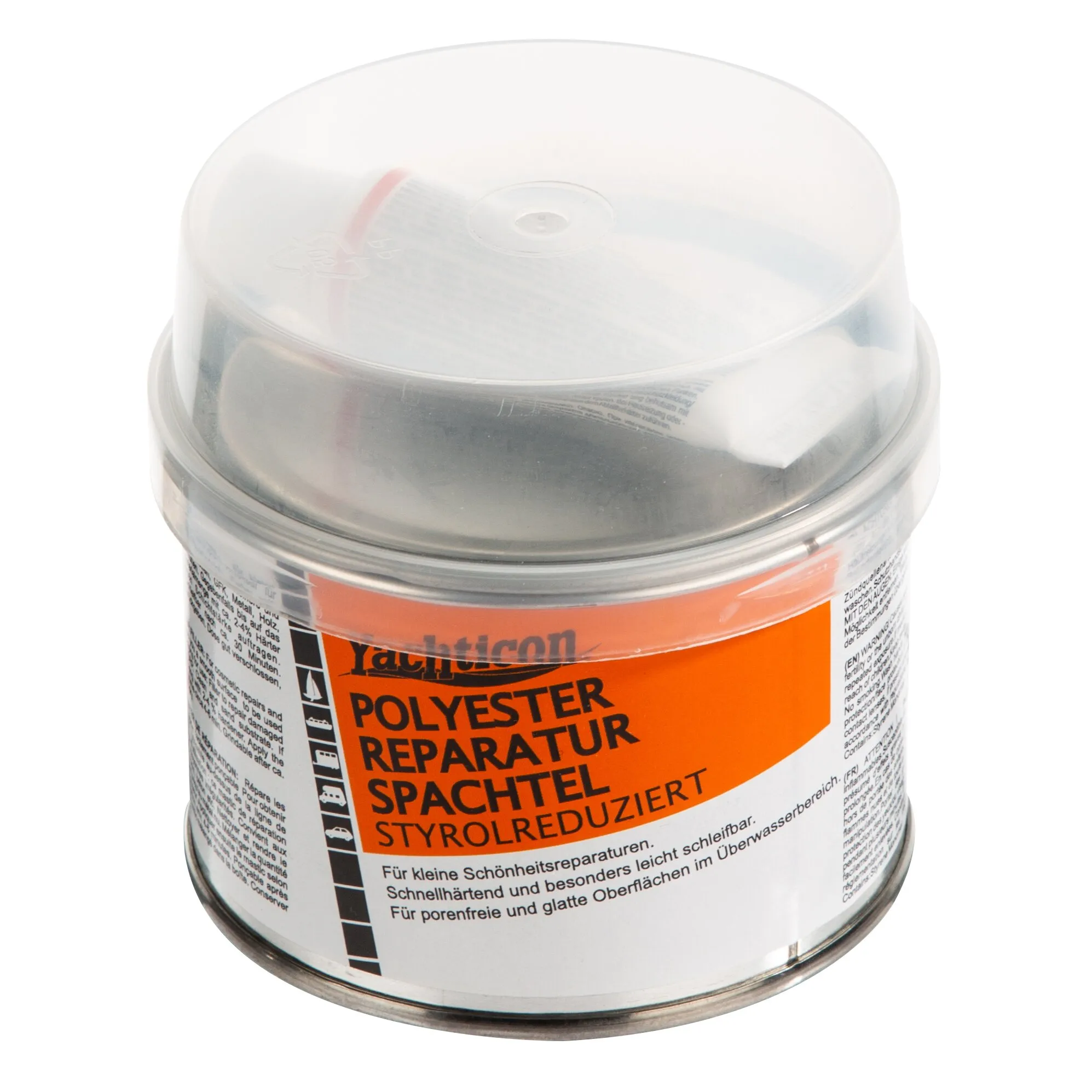 Dose mit transparentem Deckel und orange-weißem Etikett: Polyester-Reparaturspachtel, styrolreduziert, 1 kg