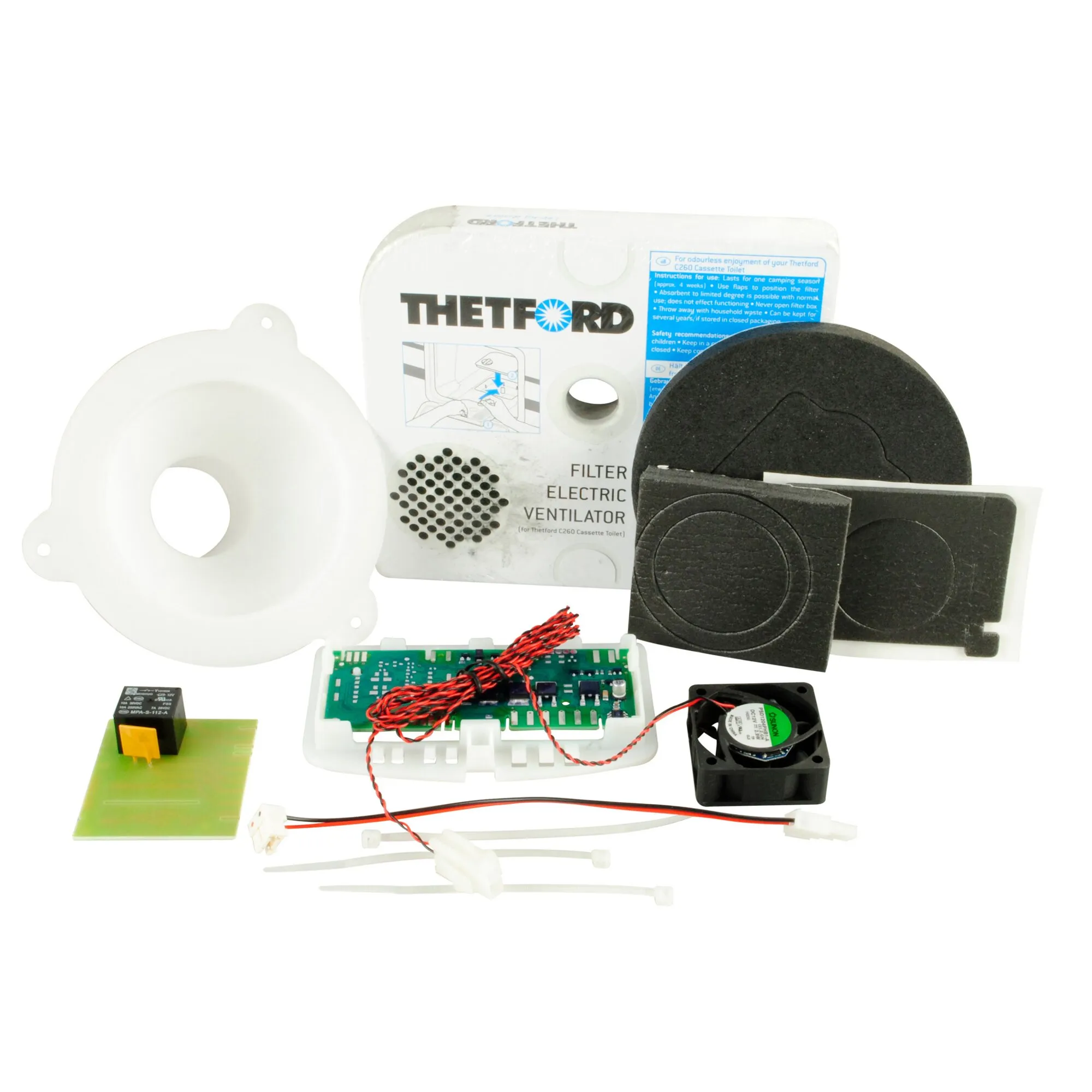 Elektrisches Ventilator-Kit von Thetford für die C260-Kassettentoilette mit Lüfter, Steuerplatine, Filtermatten, Kabeln und Montagematerial