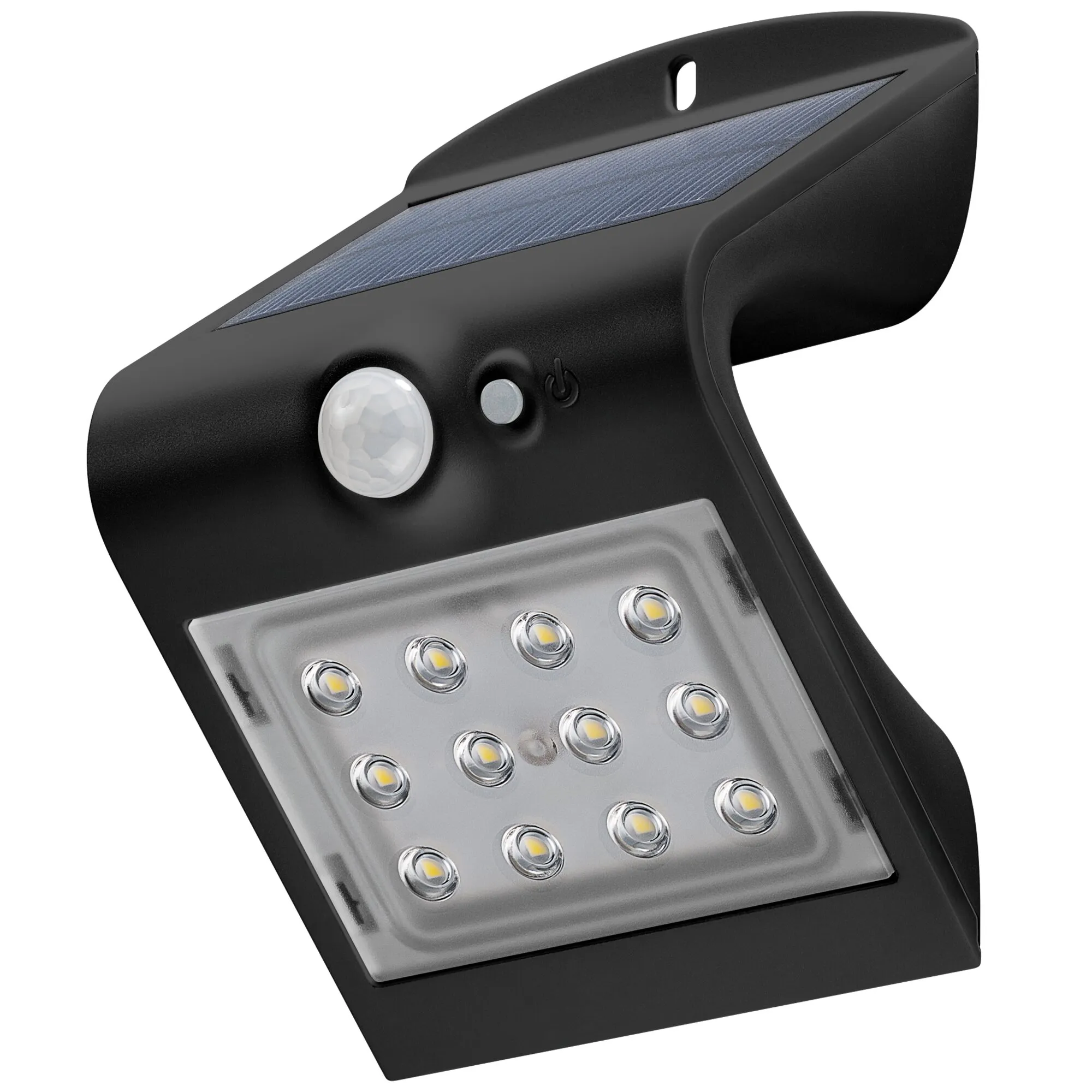 Schwarze LED-Solar-Wandleuchte mit Bewegungsmelder, Nahaufnahme: sichtbares Solarpanel auf der Oberseite, LED-Matrix im Frontbereich und ein weißer runder Sensor