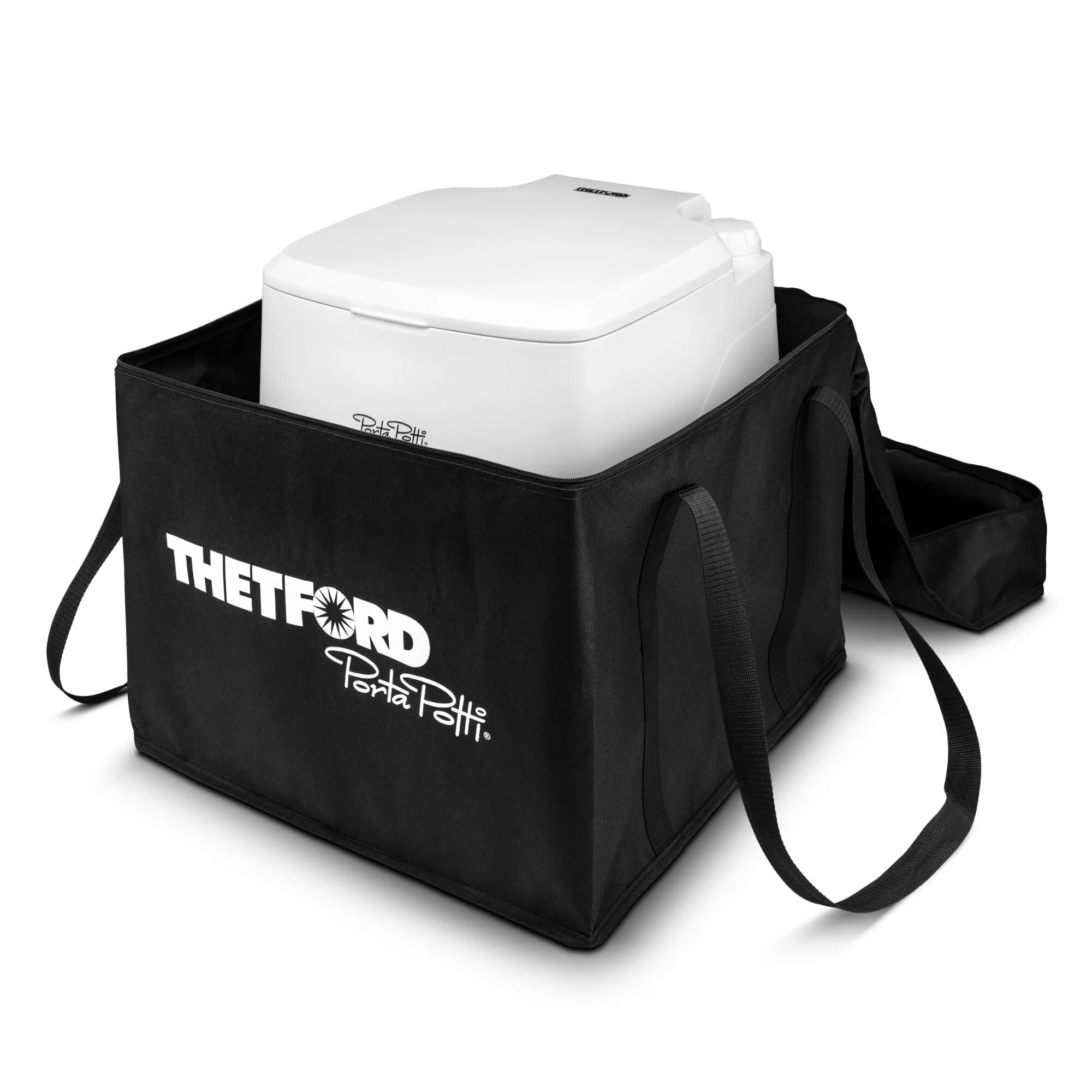 Schwarze Tragetasche Porta Potti von Thetford mit langen Tragegriffen und weißer Porta-Potti-Toilette im Inneren