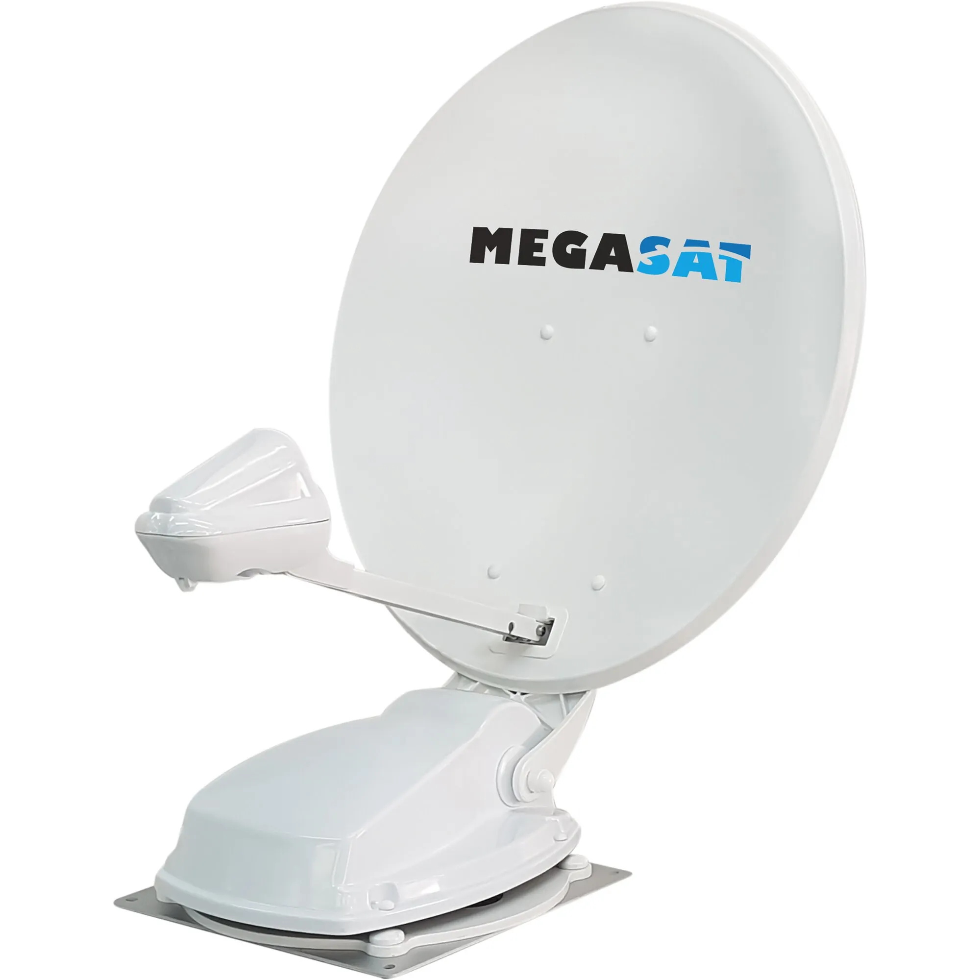 Weiße motorisierte Satellitenanlage Megasat Caravanman V2 Professional GPS V2 mit 85-cm-Parabolantenne auf Montageplatte