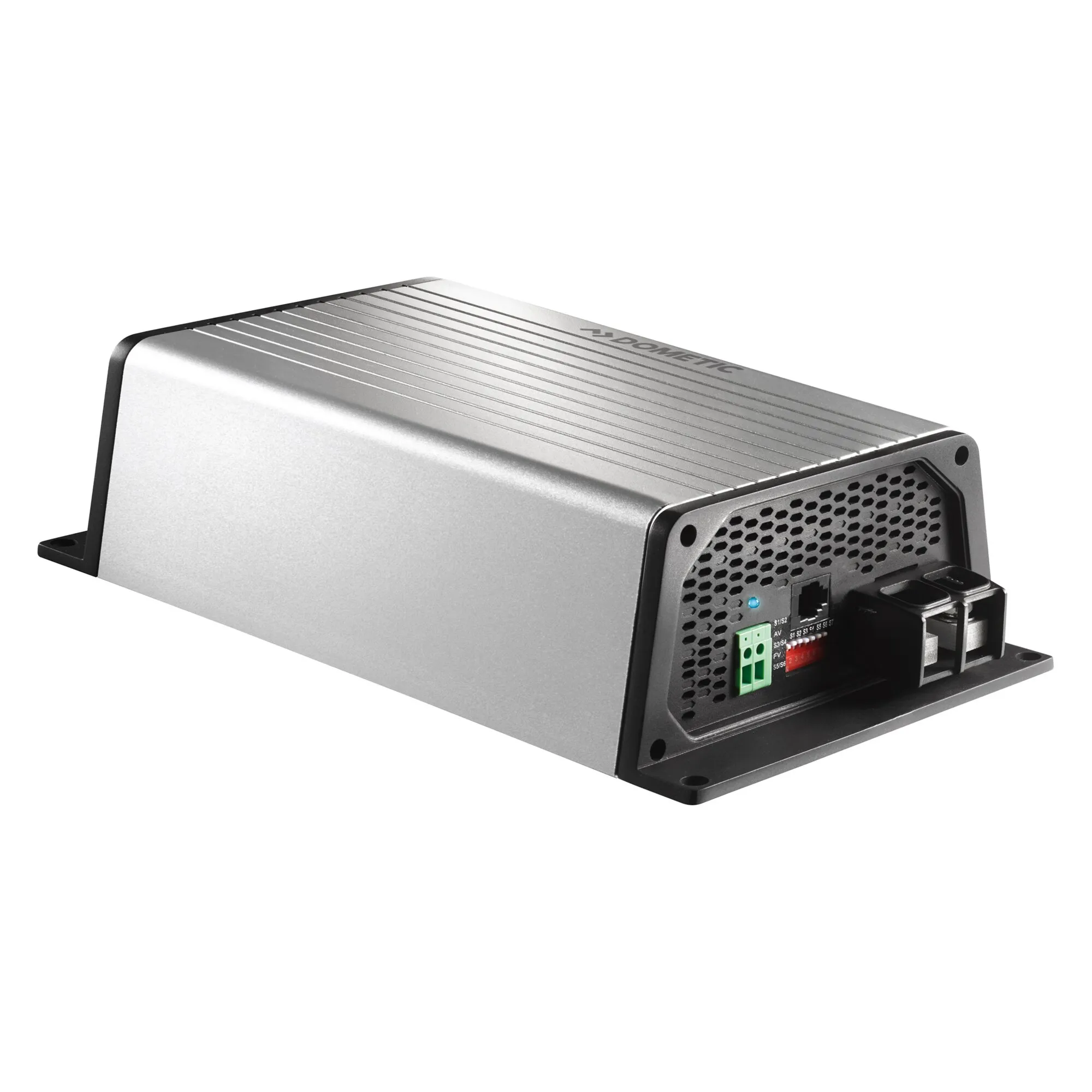 DCC-Ladebooster PerfectPower mit 40 A, silbernem Kühlkörper, schwarzer Frontblende und sichtbaren Anschlüssen