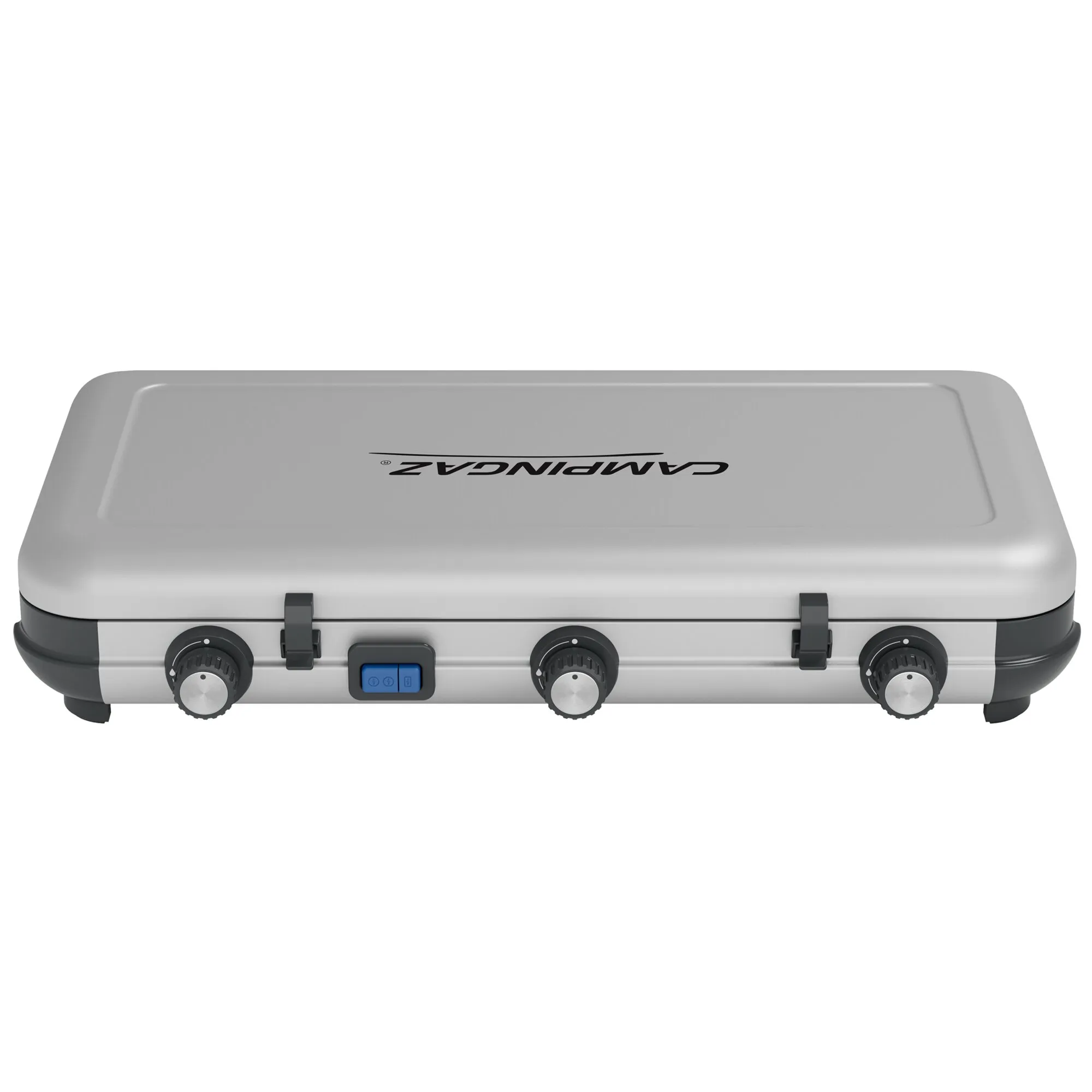 Geschlossener grauer Camping-Gaskocher Camping Kitchen 2 MULTI-COOK von Campingaz mit Deckel, zwei Verschlüssen und drei Drehreglern