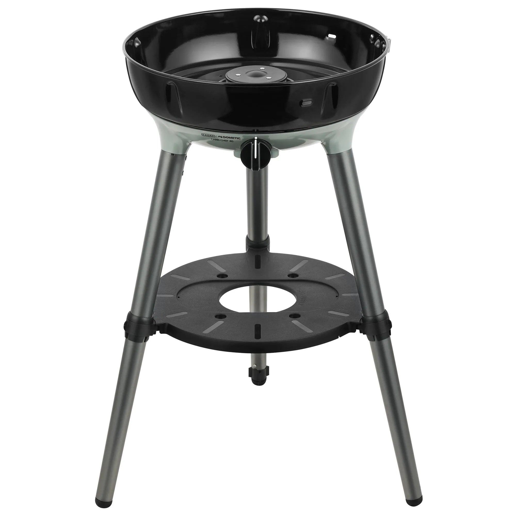 Schwarzer Gasgrill CADAC Carri Chef 40 auf drei Beinen mit rundem Grillbecken, Drehregler und Ablageflächel