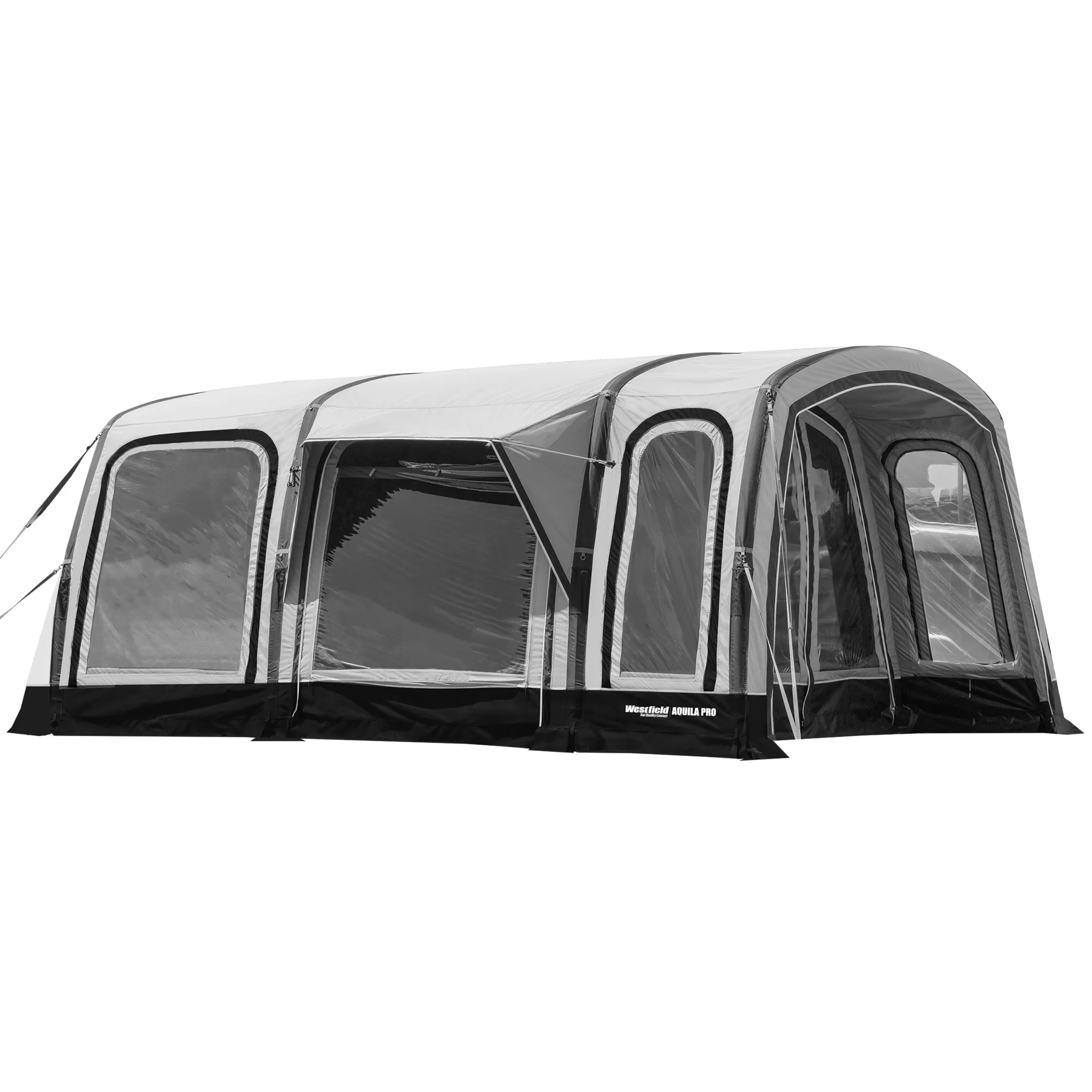 Busvorzelt Aquila Pro von Westfield in Grau mit mehreren transparenten Fenstern, Türen und abspannbaren Seitenwänden