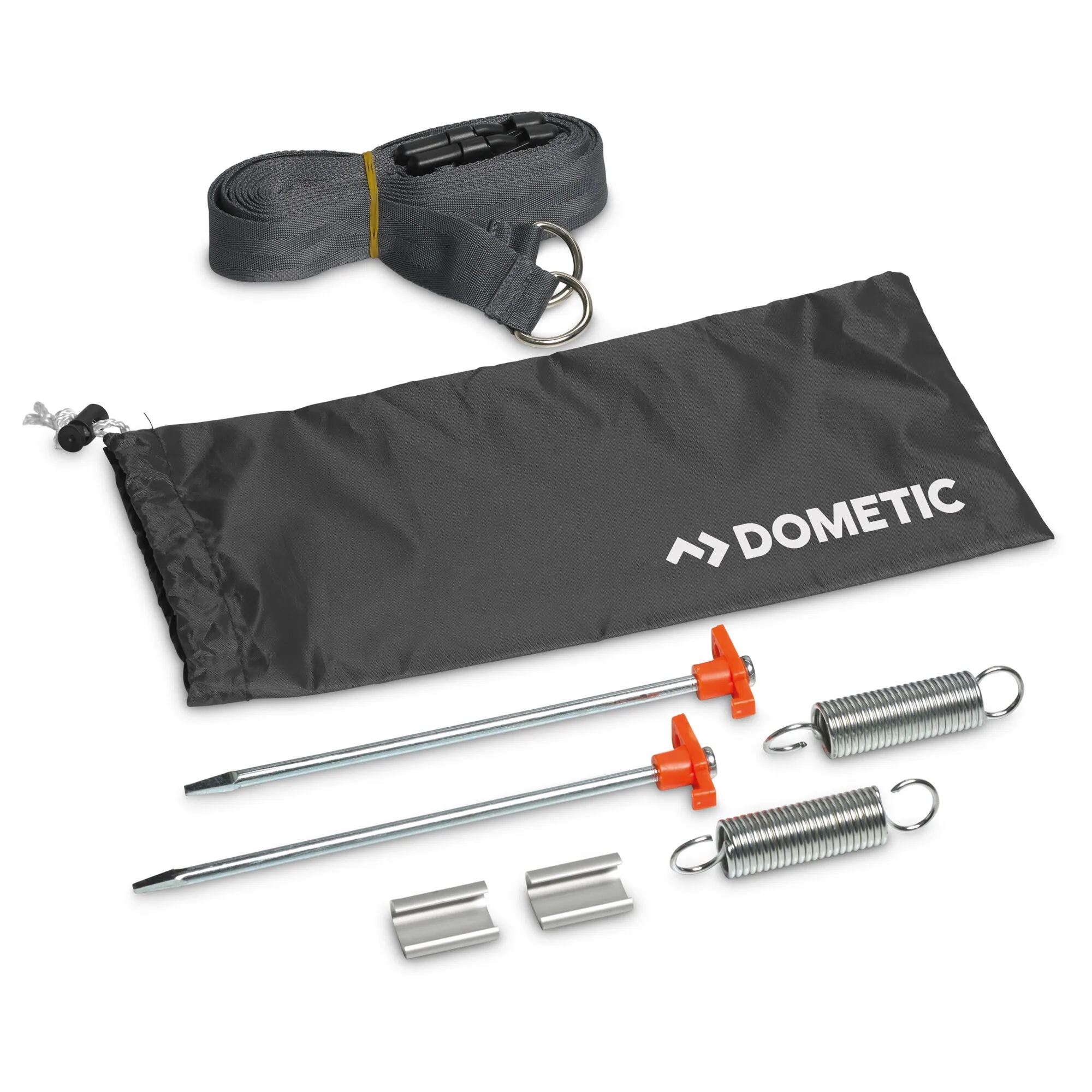 Dometic Tiedown Kit mit schwarzem Spannband, Aufbewahrungstasche, zwei Erdankern, Federn und Metallhalterungen