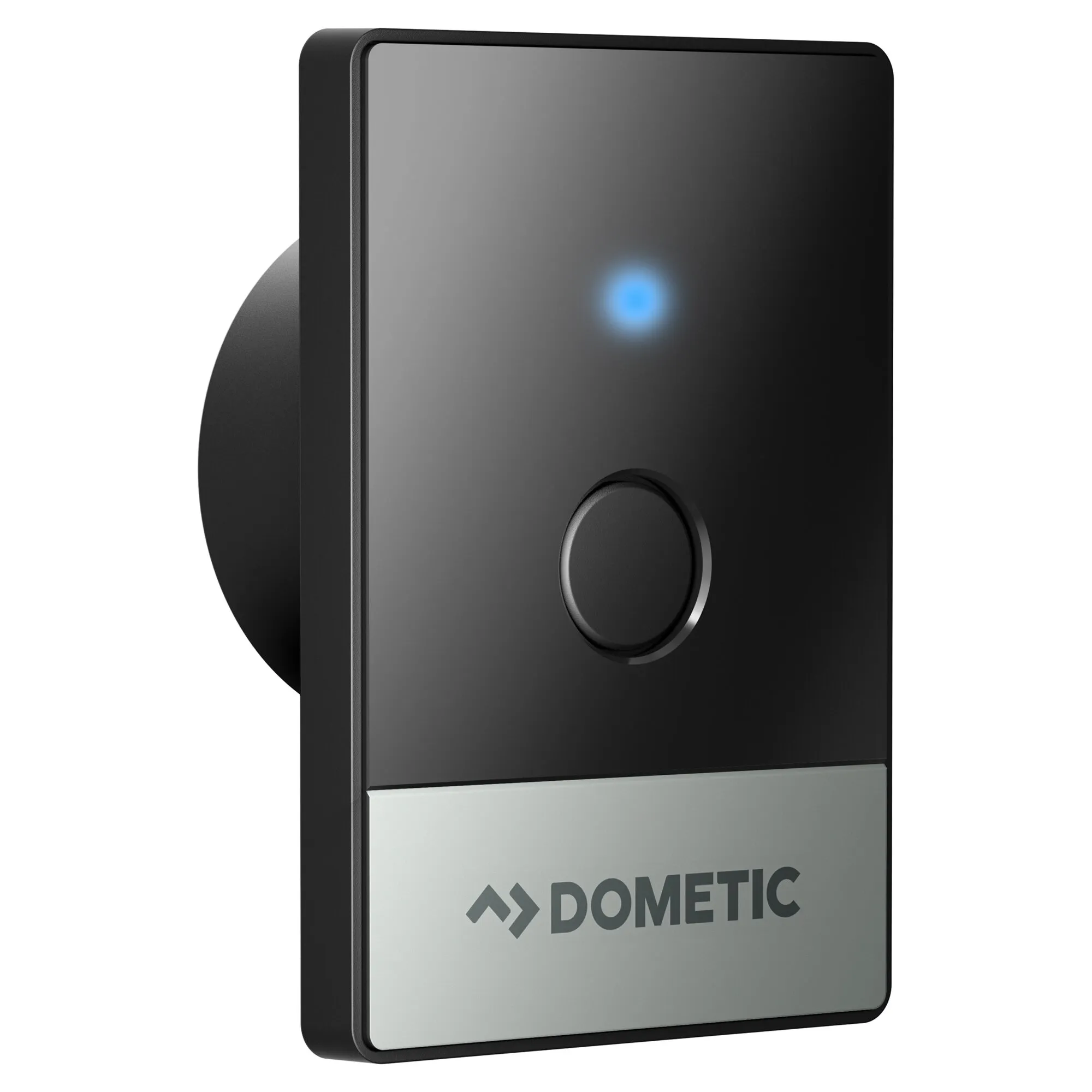 Schwarze SinePower-Fernbedienung von Dometic mit rundem Drehregler und blau leuchtender Statusanzeige