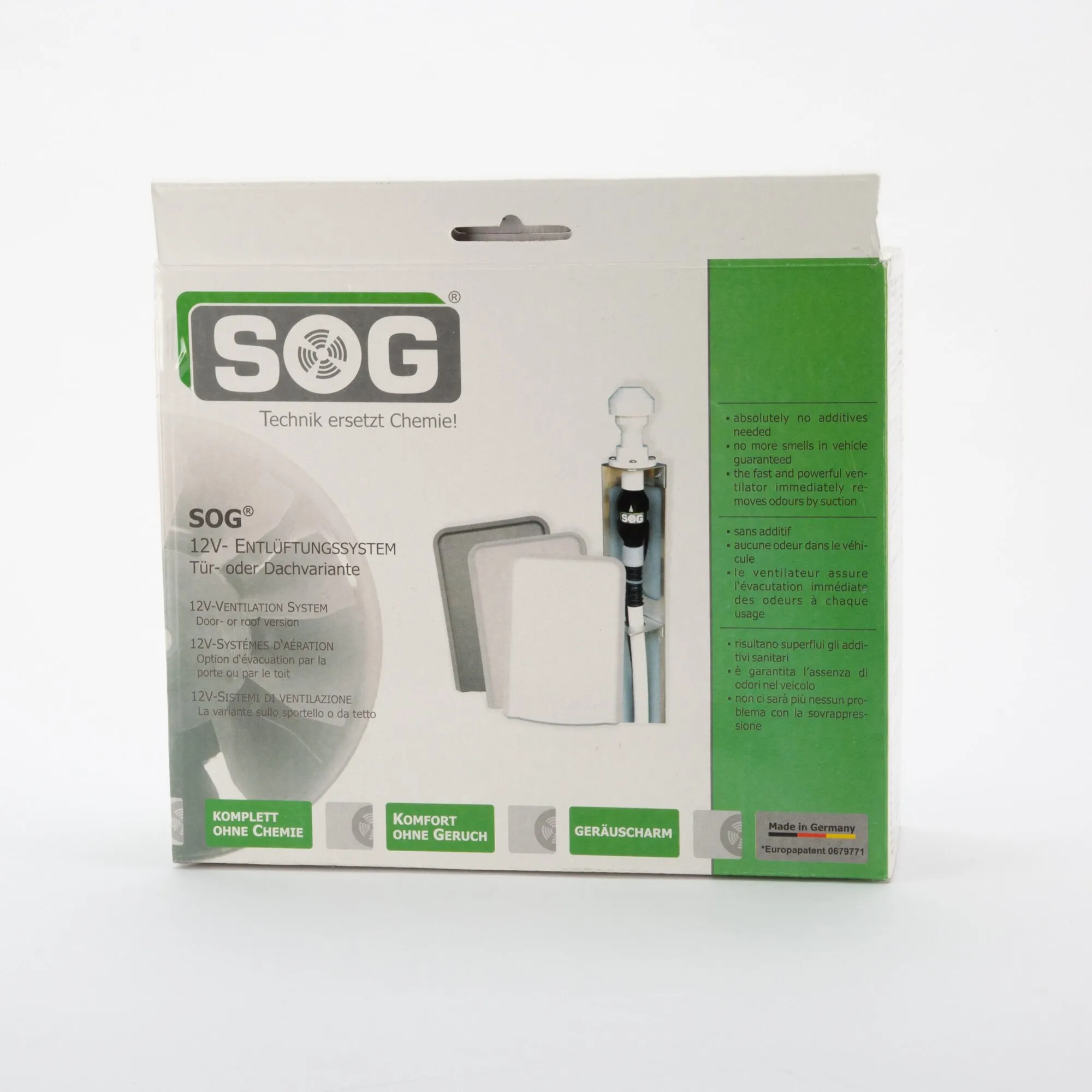 Verpackung des SOG 12-Volt-Entlüftungssystems für C200, Türvariante in Dunkelgrau, mit Lüfter und Abdeckung in der Produktabbildung