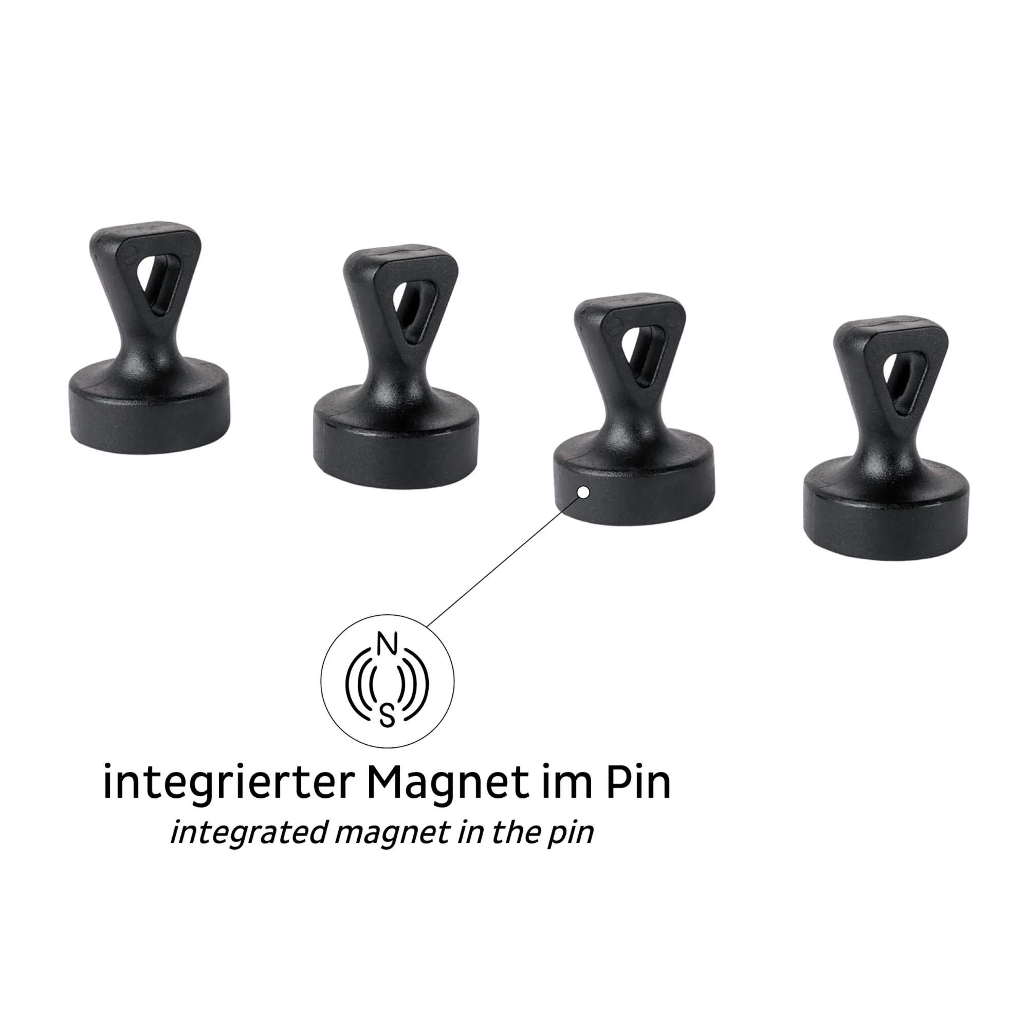 Vier schwarze Magnet-Pins FLEX mit runden Sockeln und dreieckigen Grifföffnungen, Hinweis auf integrierte Magnete