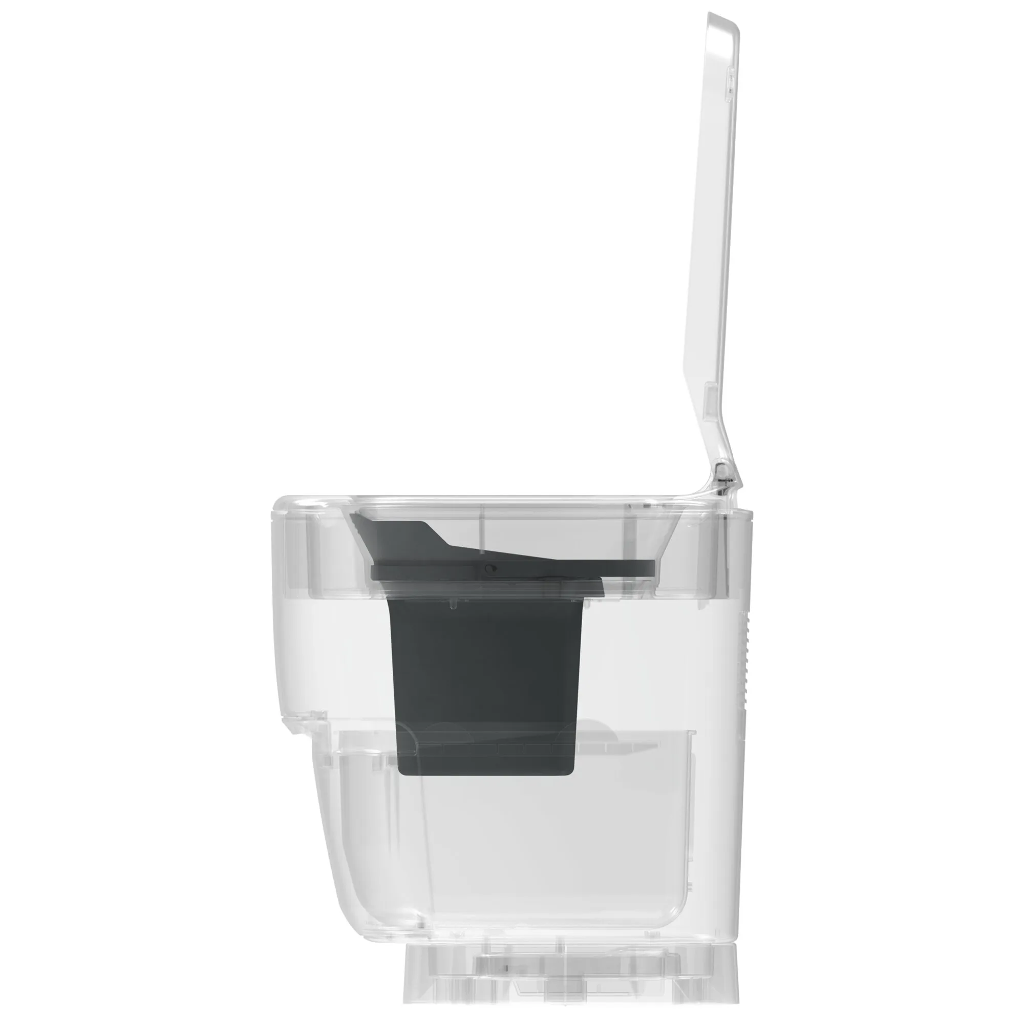 Transparenter Flüssig-Einsatz mit schwarzem Abflusskanal für die Clesana C1/X1, in Seitenansicht mit aufgeklapptem Deckel