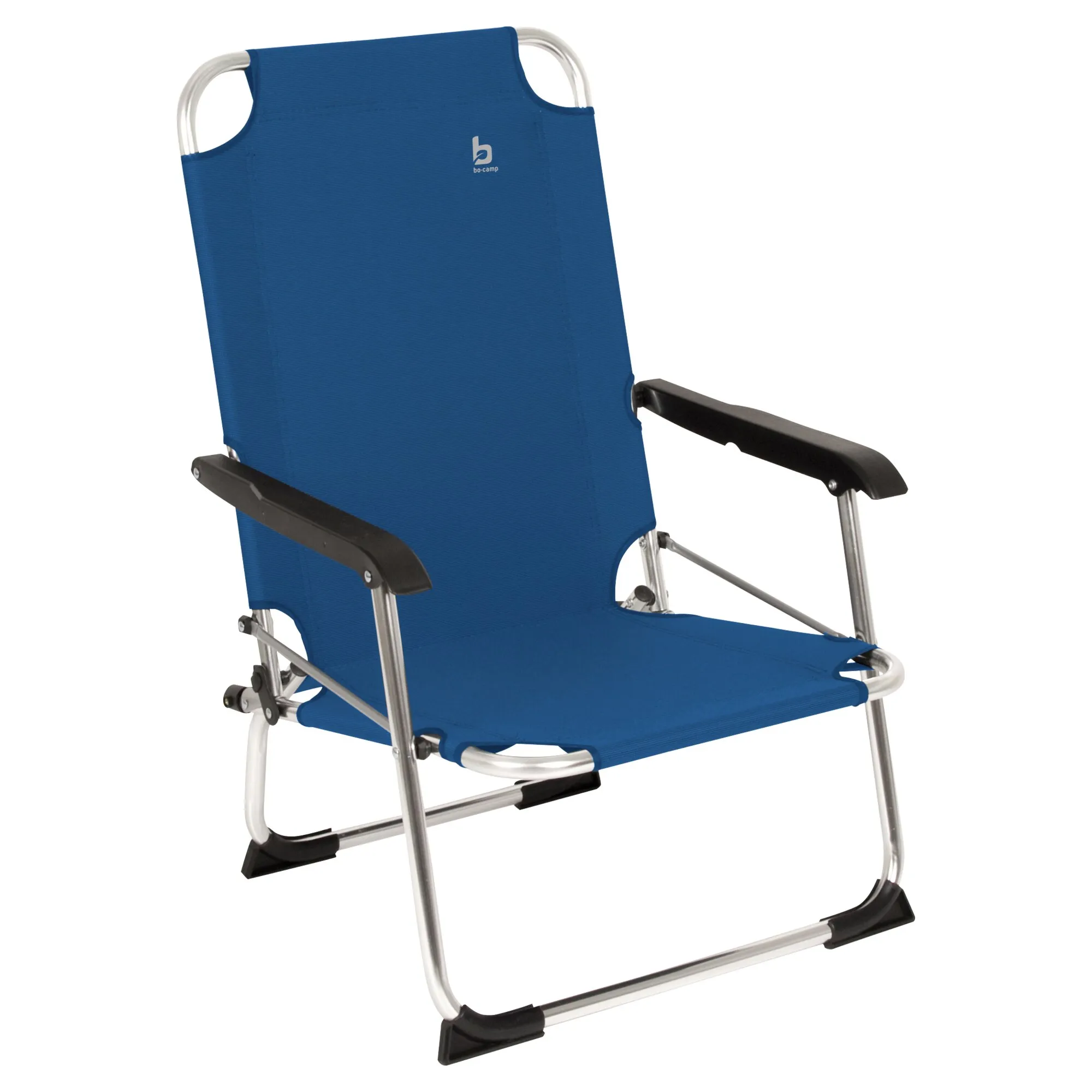 Dunkelblauer Strandstuhl Copa Rio Beach mit silbernem Metallgestell, schwarzen Armlehnen und klappbarer Fußstütze