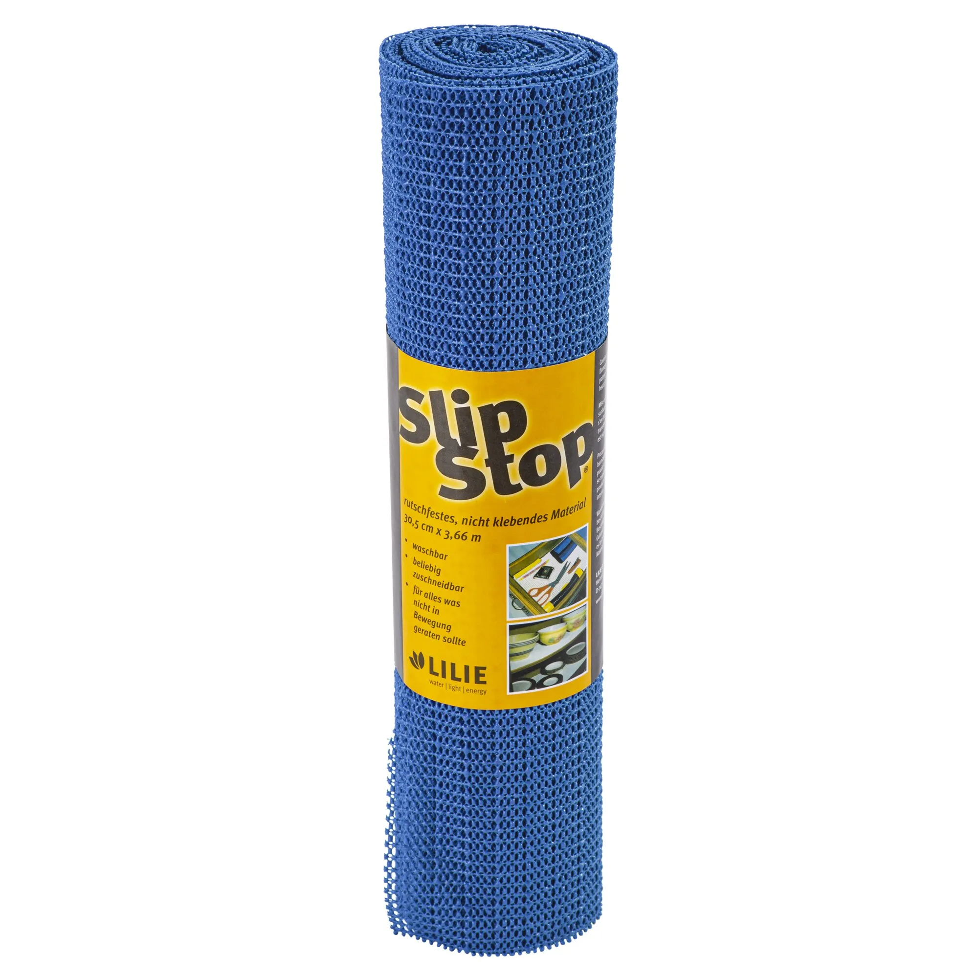 Aufgerollte blaue Antirutschmatte mit schwarzer und gelber Banderole, Marke Slip Stop, 30,5 cm × 3,66 m