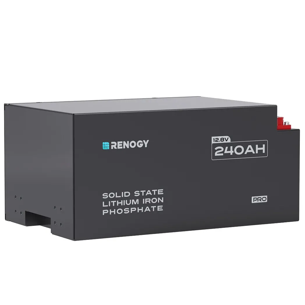 Renogy Lithium-Batterie PRO mit 12,8 V und 240 Ah, schwarzes rechteckiges Gehäuse mit sichtbaren Anschlüssen