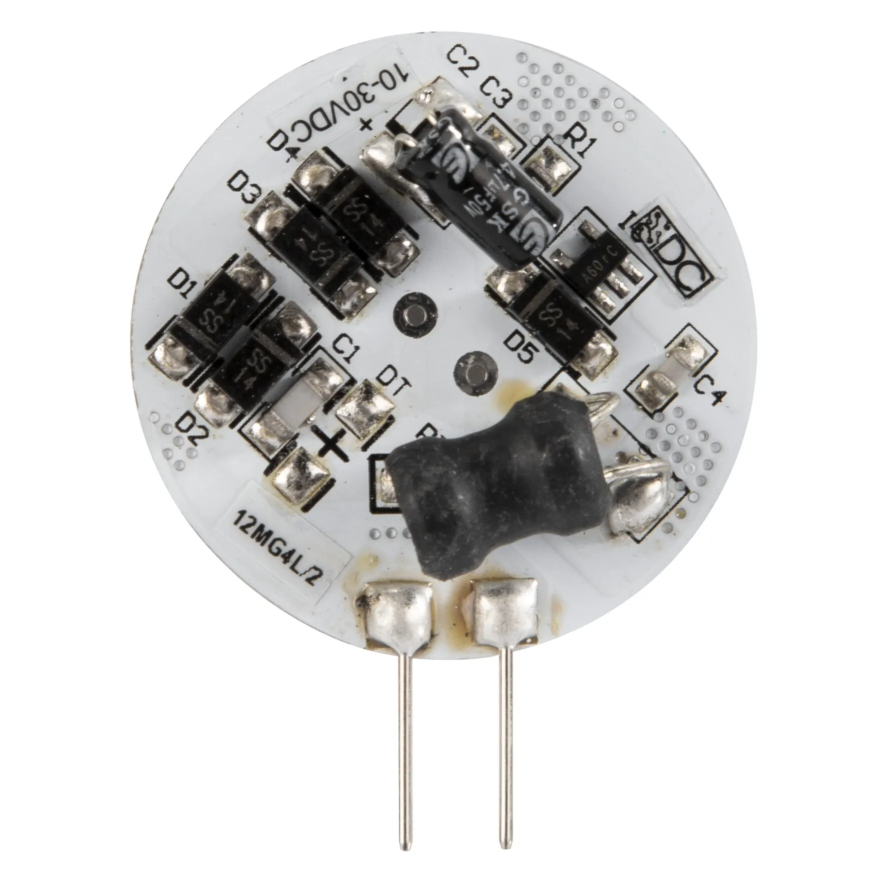 Rundes weißes G4-LED-Flachmodul mit sichtbarer Platine, elektronischen Bauteilen und zwei geraden Anschlussstiften
