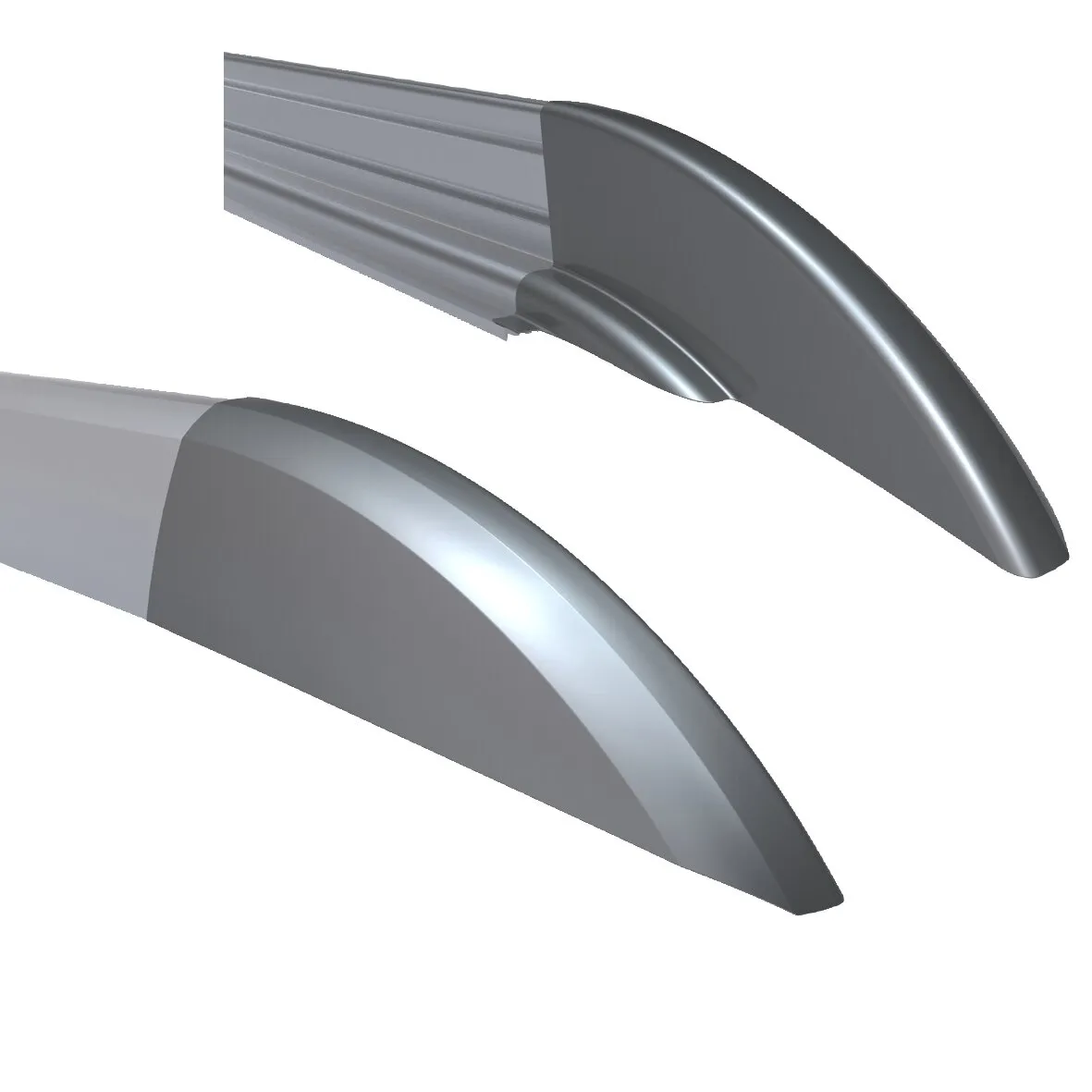 Silberfarbene Reling STYLE 4295 mm mit geschwungenen Endkappen, als Detailansicht von zwei Reling-Schienen