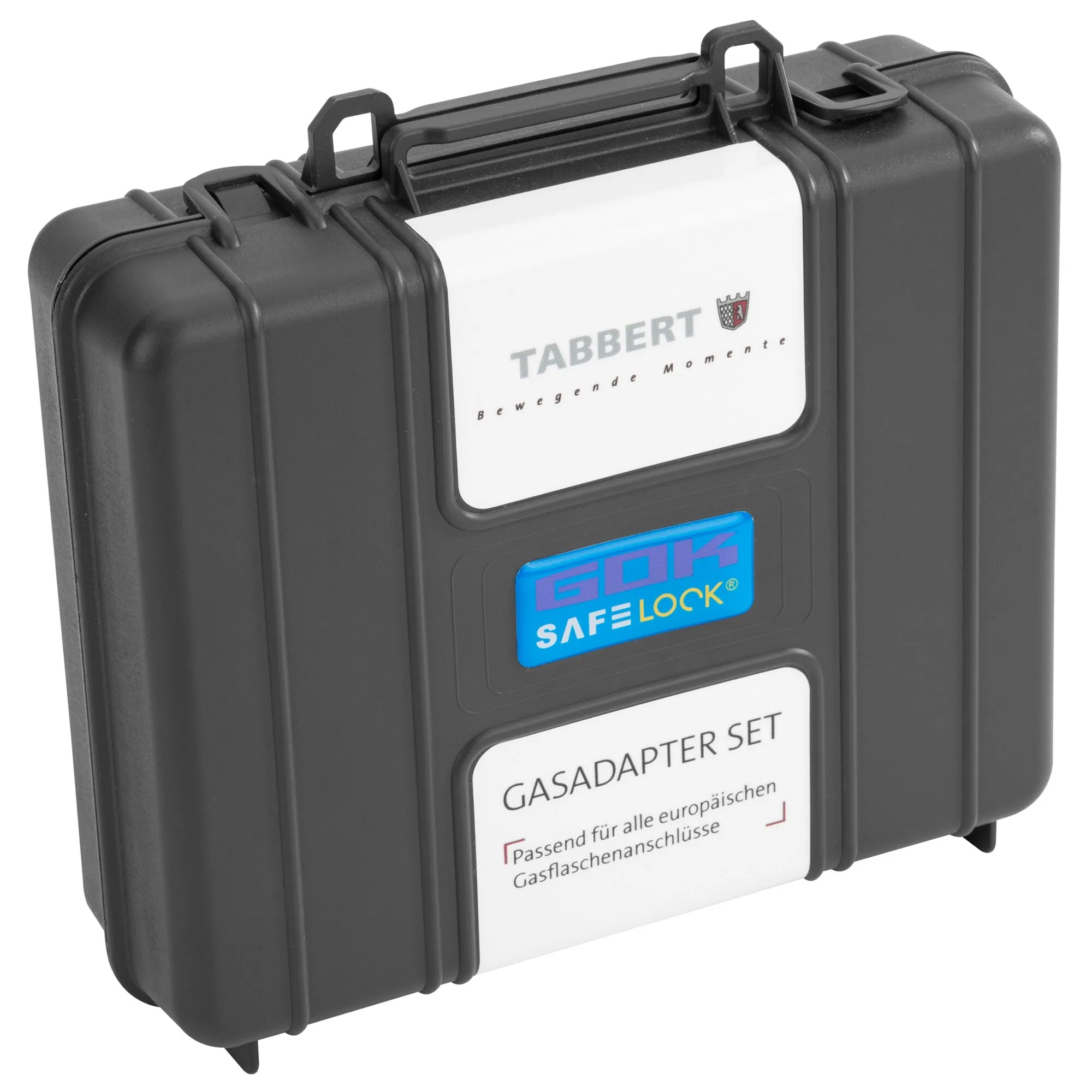 Schwarzer Hartschalenkoffer mit Safe-Lock-Verschluss und TABBERT-Etikett für ein Gasadapter-Set europäischer Gasflaschenanschlüsse