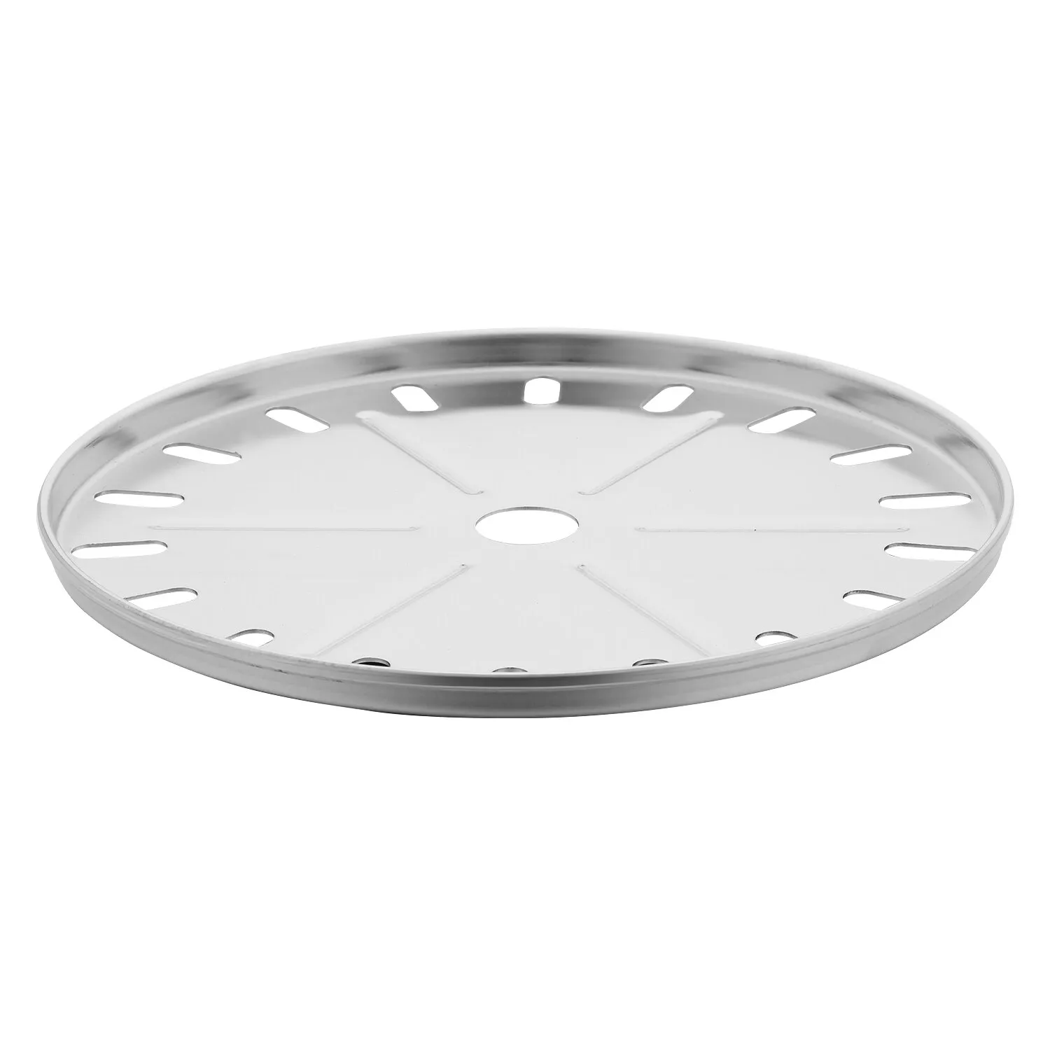 Silberfarbener runder Pizzastein Pro mit 25 cm Durchmesser, erhöhtem Rand und Belüftungsöffnungen pornofilmer