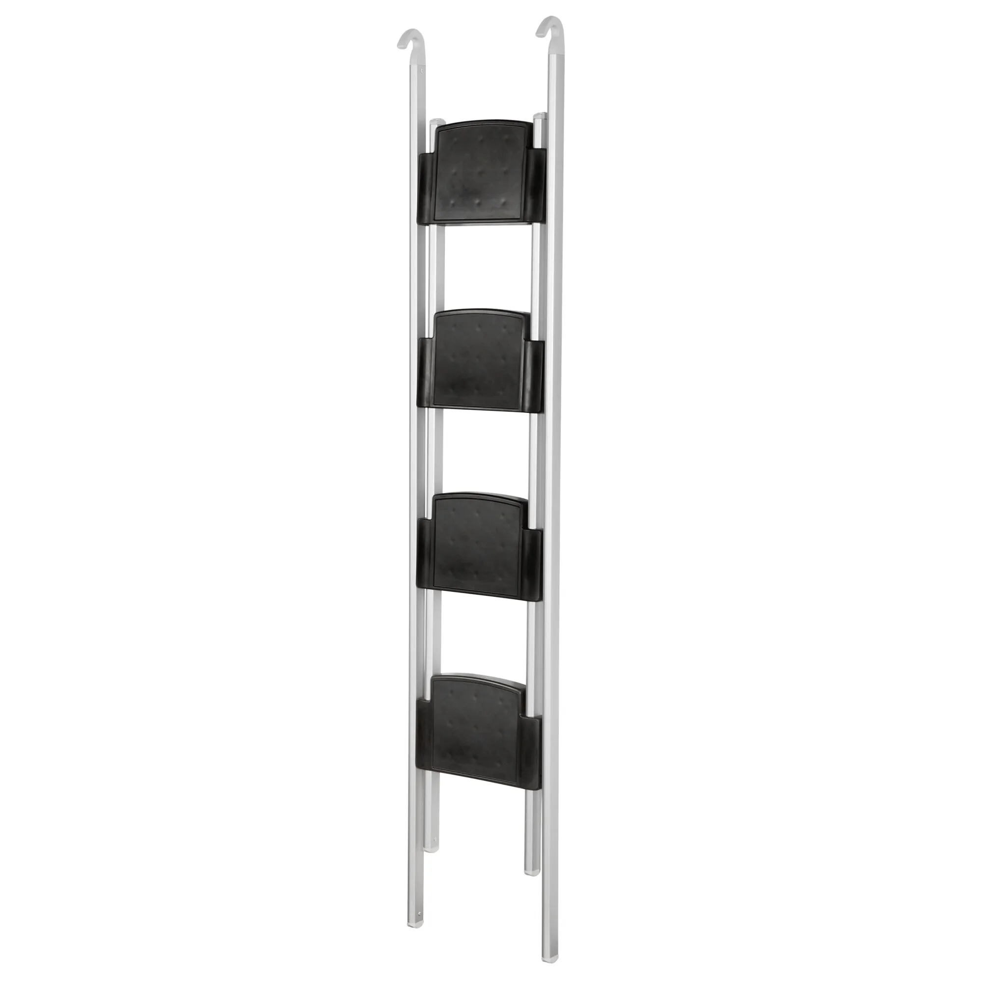 Alkovenleiter Basic, 178 cm, mit zwei silberfarbenen Holmen, Haken oben und fünf schwarzen, breiten Trittstufen