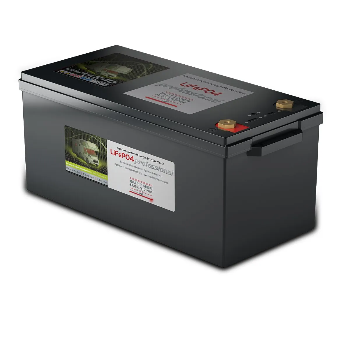 Schwarze Lithium-Bordbatterie MT Li mit 240 Ah, seitlichen Tragegriffen, zwei Anschlusskontakten und LifePO4-Aufdruck