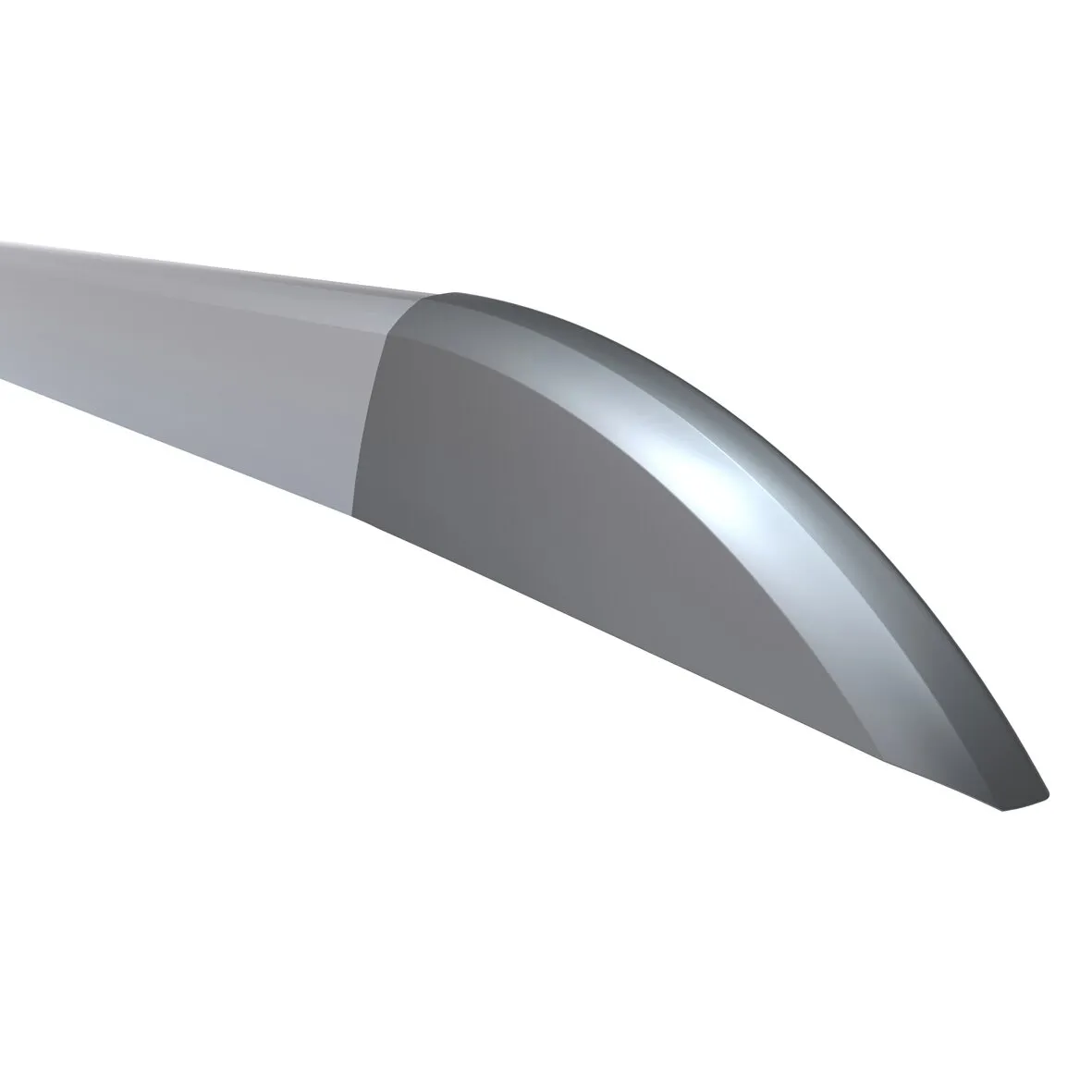 Silberfarbene Reling STYLE 3930 mm mit langem Profil und abgerundetem, sich verjüngendem Ende in Detailansicht