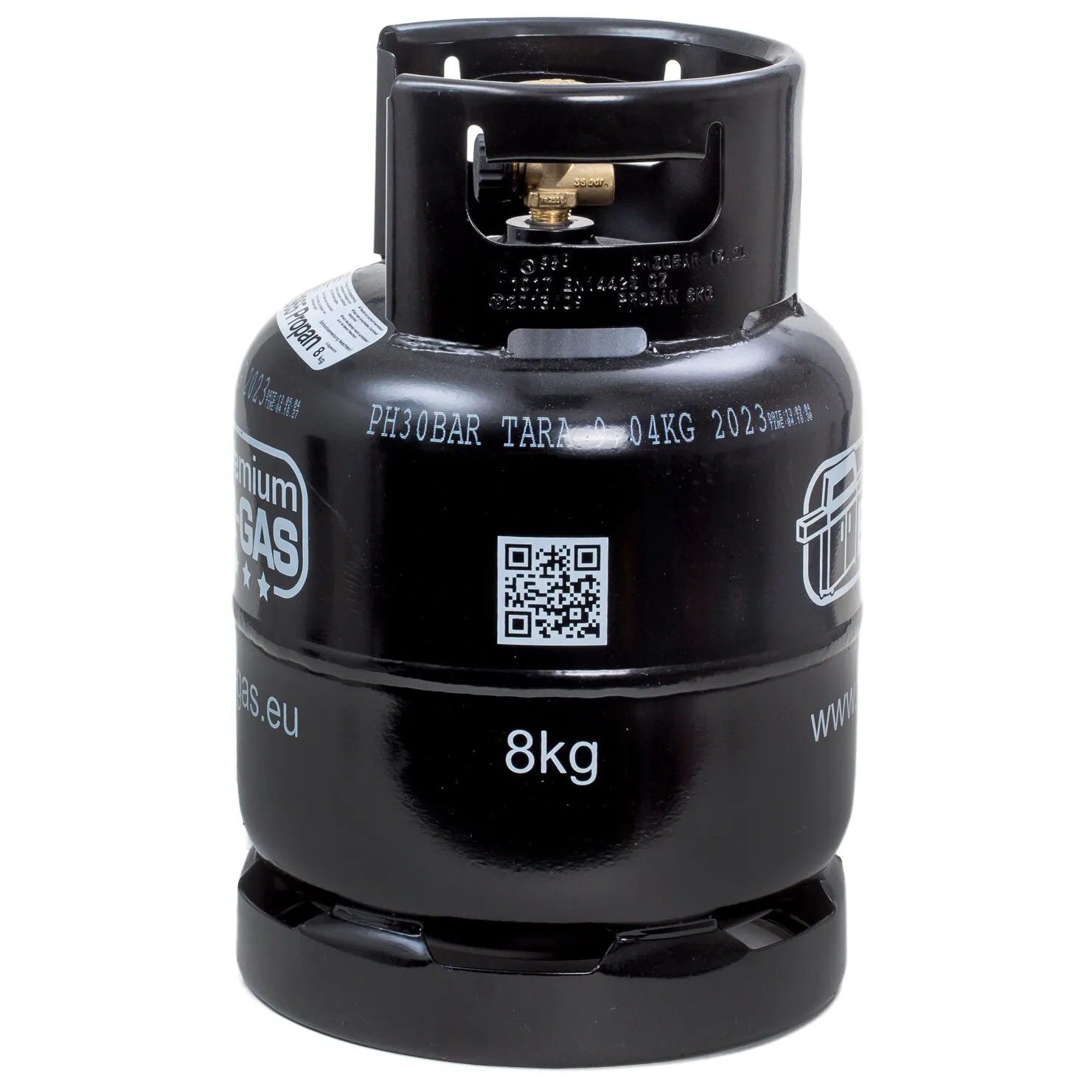Schwarze BBQ-Gasflasche aus Metall mit Schutzkragen, Ventil, QR-Code und gut sichtbarer Kennzeichnung 8 kg