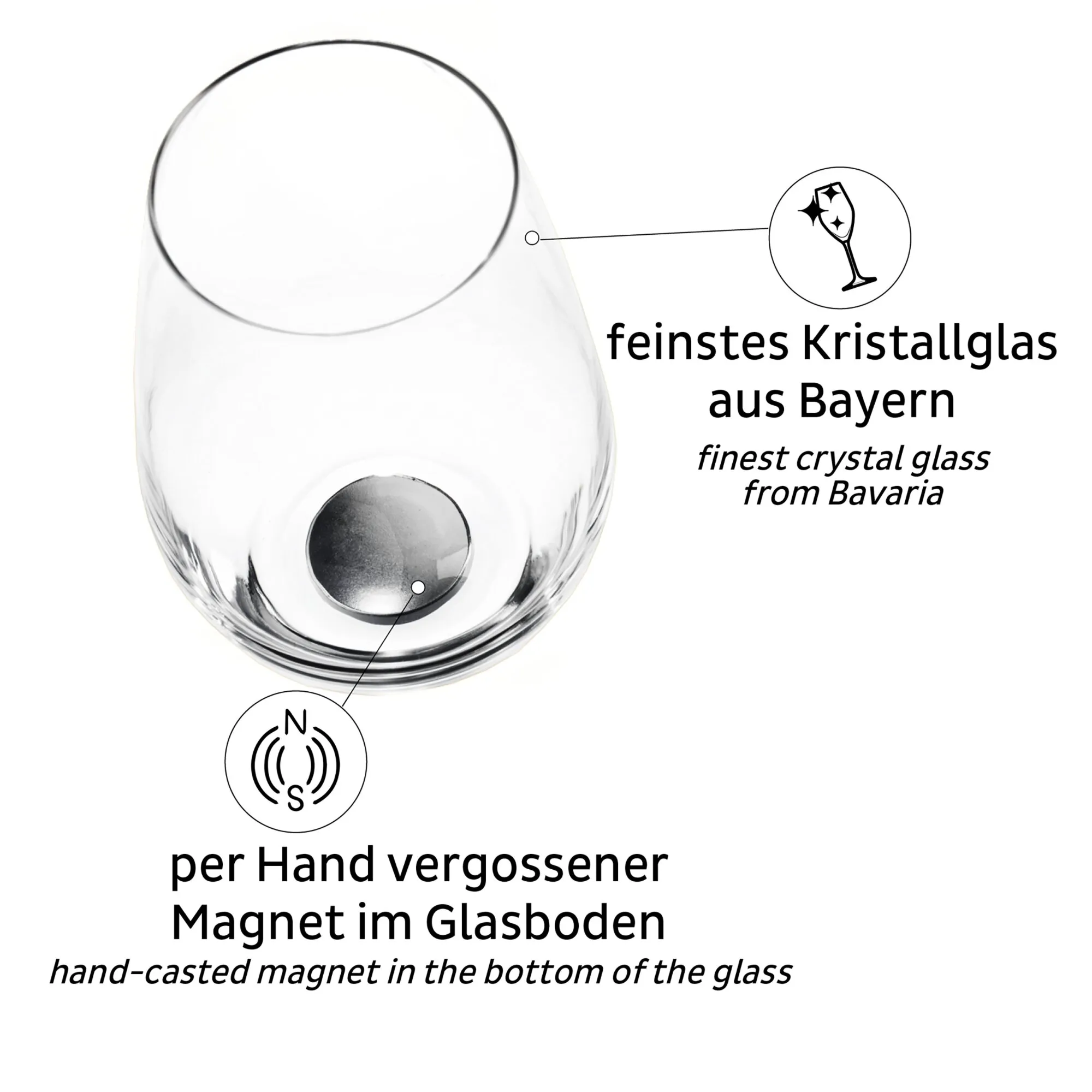 Transparentes Longdrink-Kristallglas mit rundem Magneten im Glasboden und Hinweisen auf handgegossene Fertigung aus Bayern