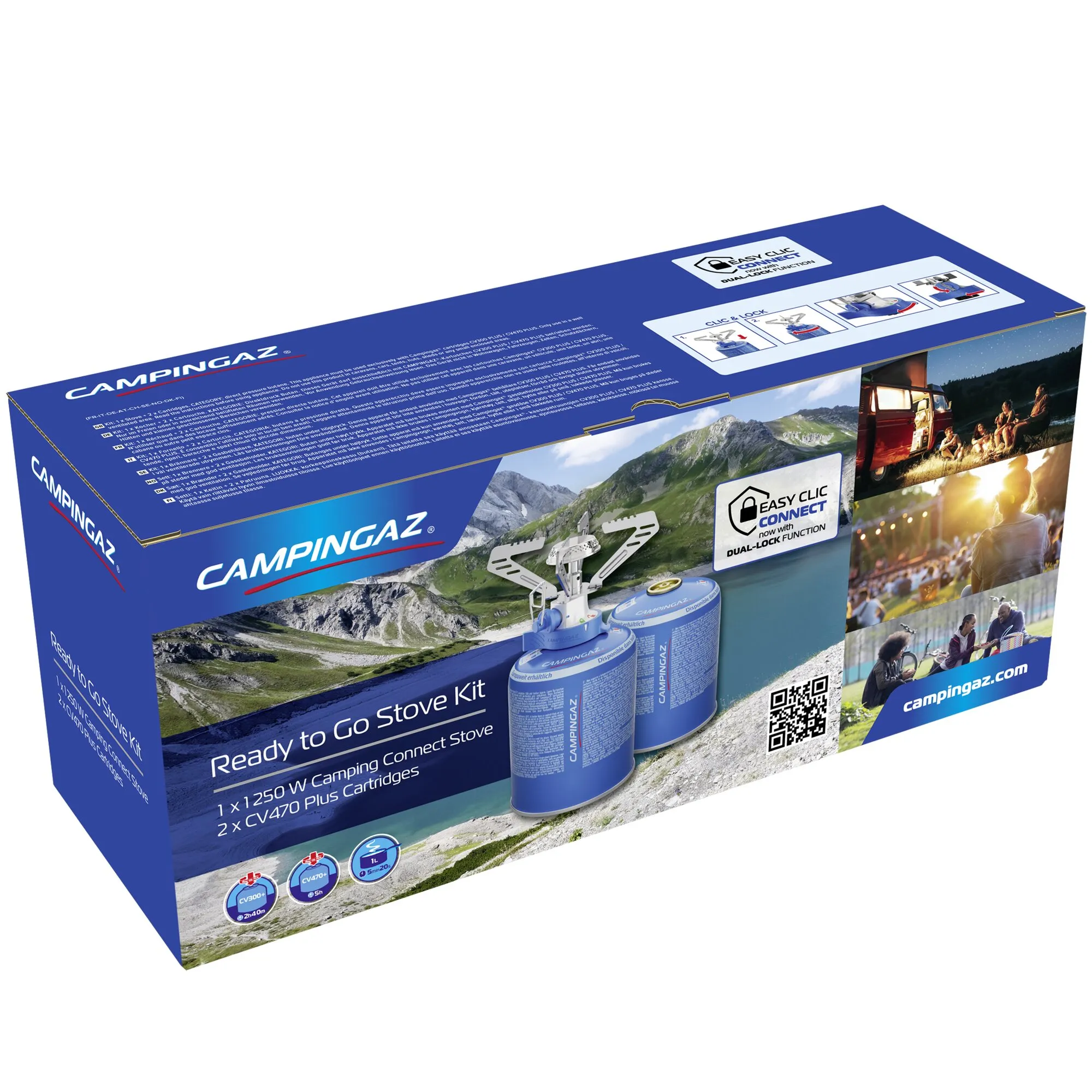 Große blaue Verpackung mit Campingaz Camping Connect Branding zeigt Stove Kit mit Gasflaschen und eine bergige Campingszene