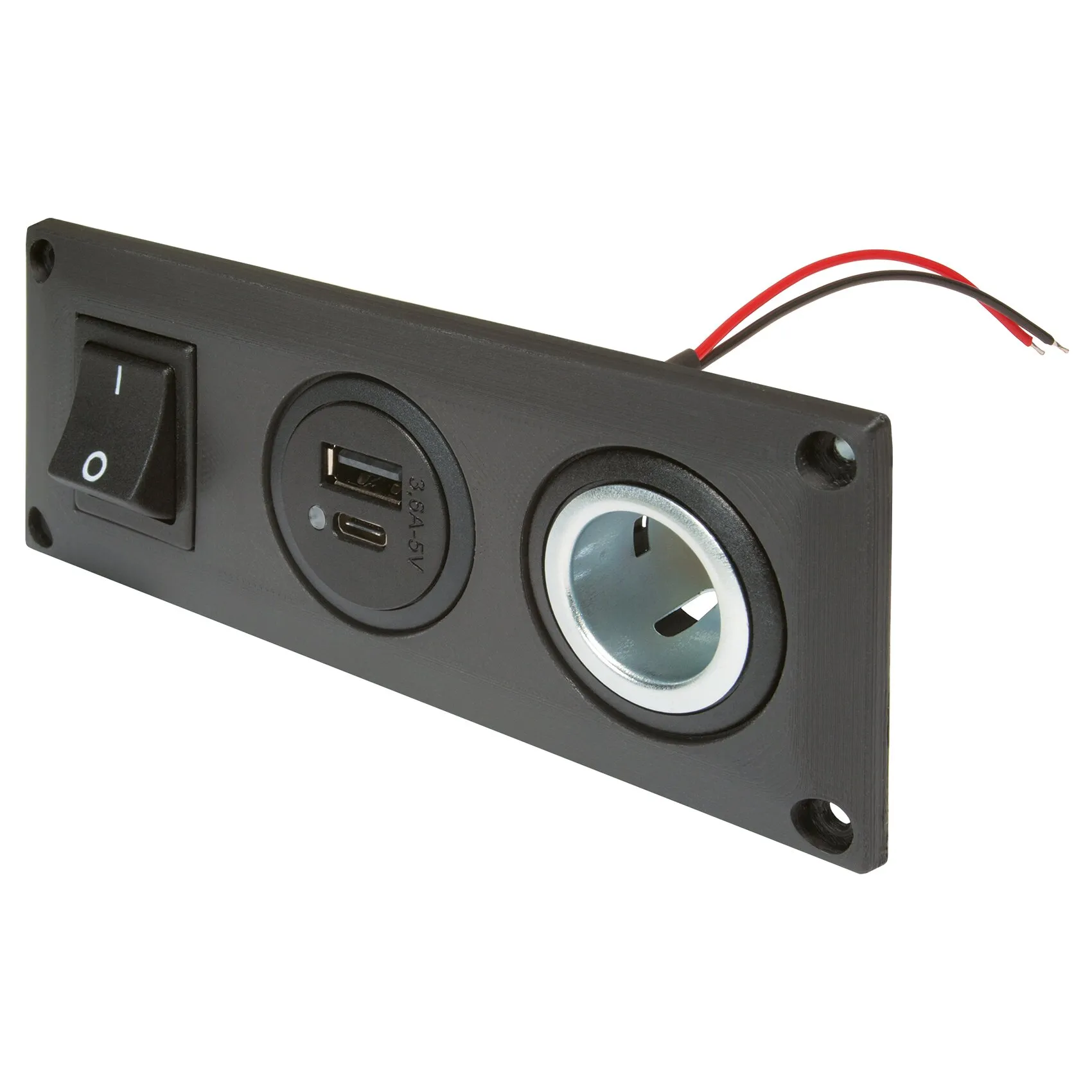 Schwarze schaltbare Einbausteckdose mit Rundsteckdose, USB-A- und USB-C-Anschluss sowie roten und schwarzen Anschlusskabeln