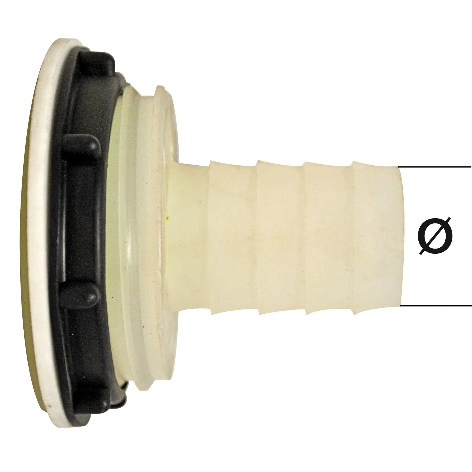 Cremefarbener Tankanschlussstutzen mit schwarzem Flansch und geripptem Anschluss, Durchmesser 40 mm