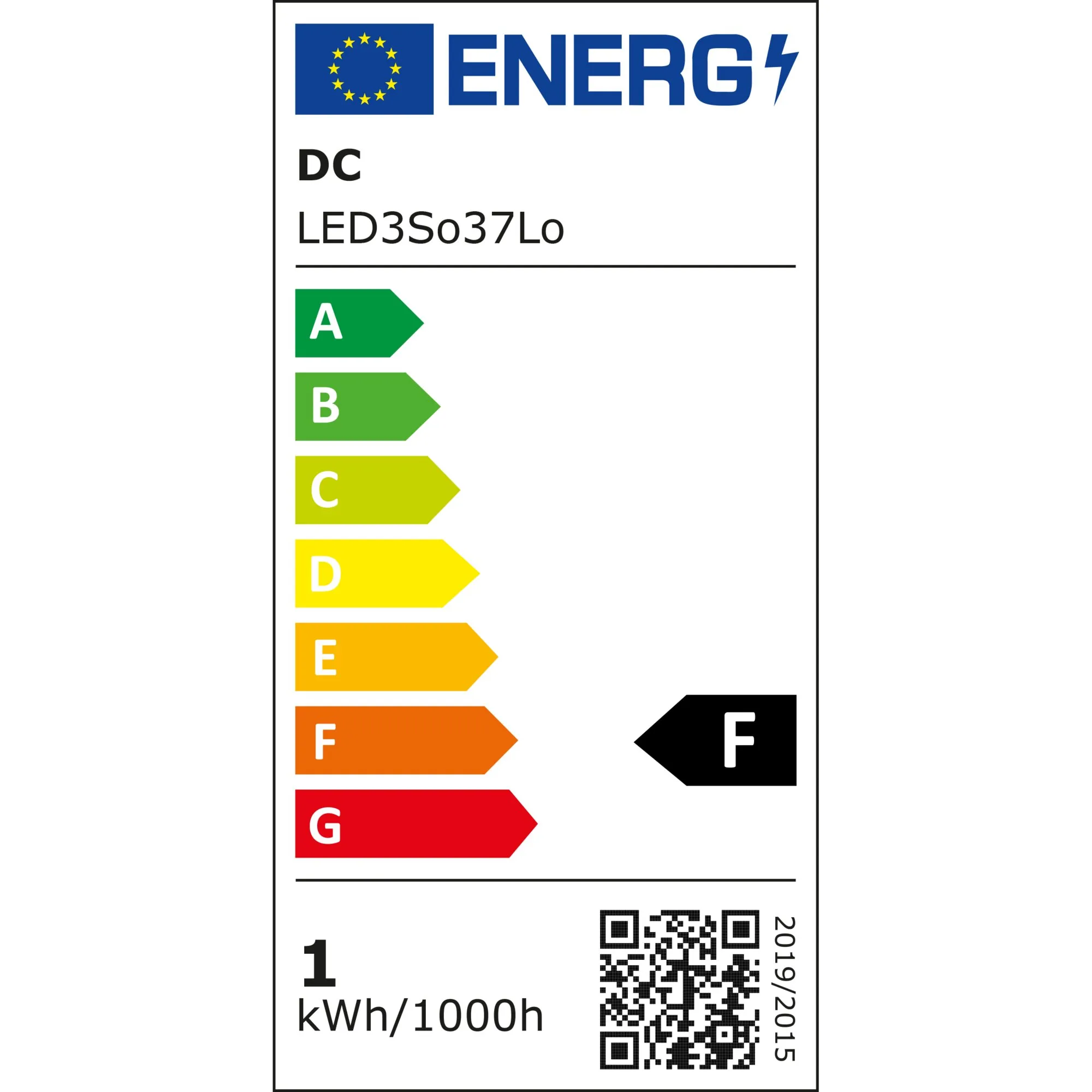 Energieetikett für LED-Leuchtmittel Soffitte mit 0,50 W, Modell LED3So37Lo, Energieeffizienzklasse F und 1 kWh/1000 h