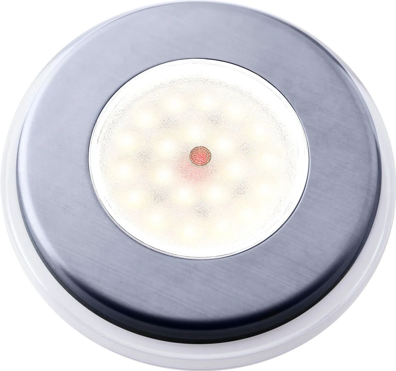 Runder Aufbauspot Flame 88 Touch in dunkler Metalloptik mit zentraler Leuchtfläche und rotem Touch-Sensor