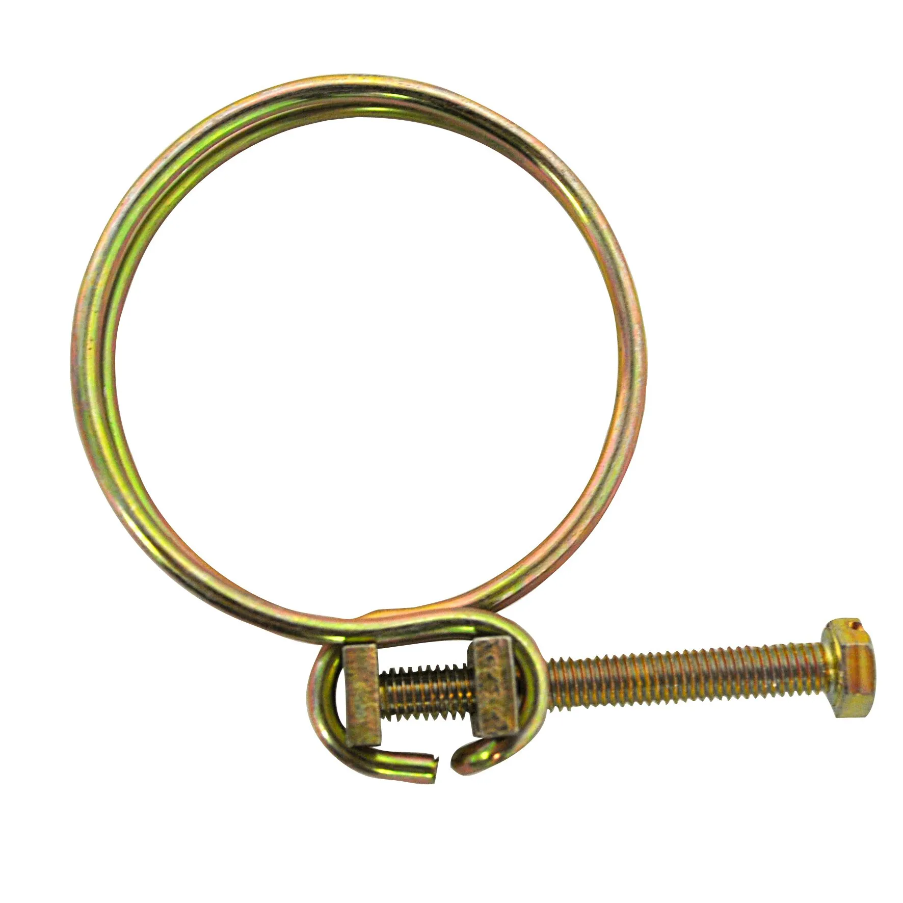 Goldfarbene Spiralschlauchklemme aus Metall mit rundem Spannband und seitlichem Schraubmechanismus auf weißem Hintergrund