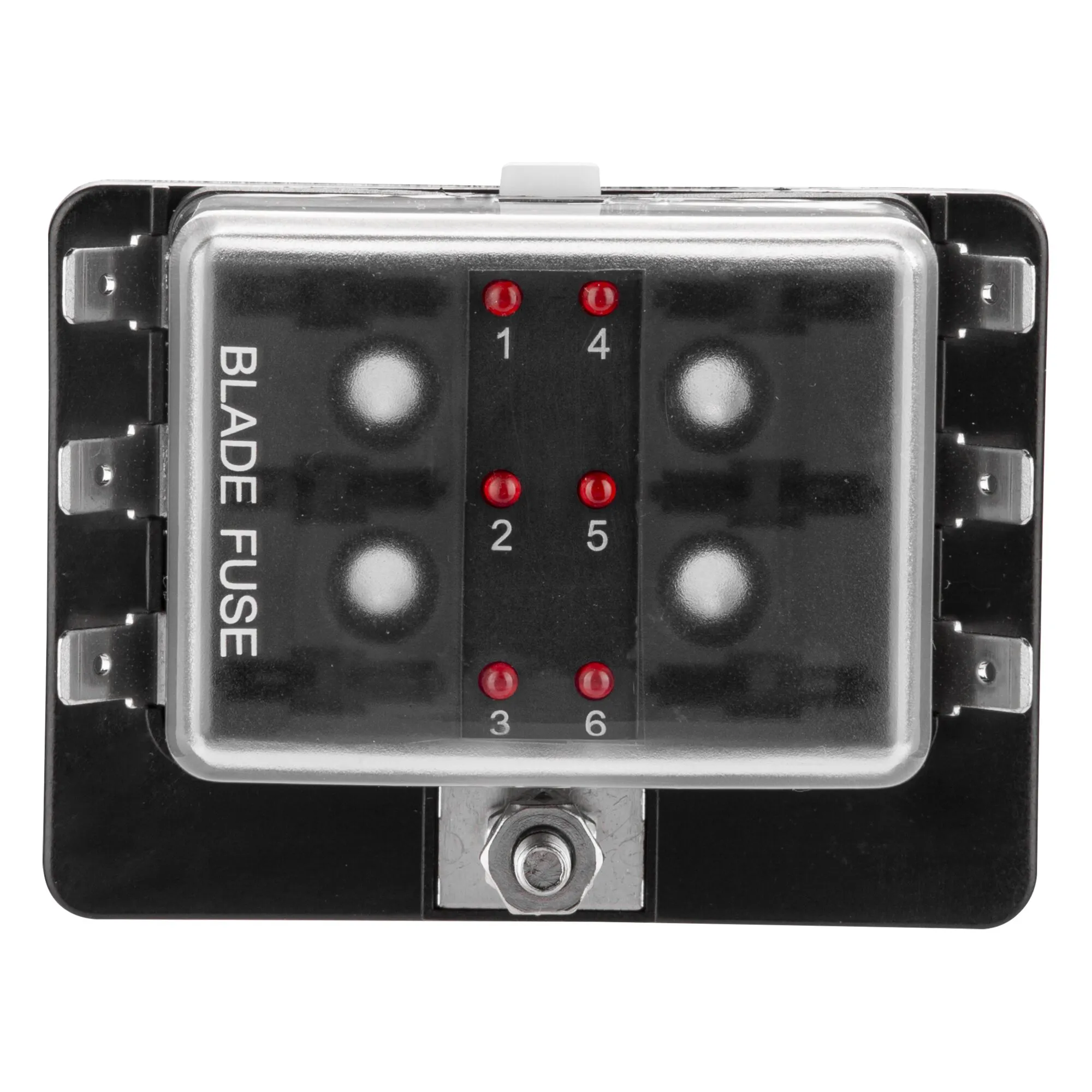 Schwarzer Sicherungshalter 6 FS-LED mit transparentem Deckel, sechs nummerierten Sicherungsplätzen und roten LED-Anzeigen