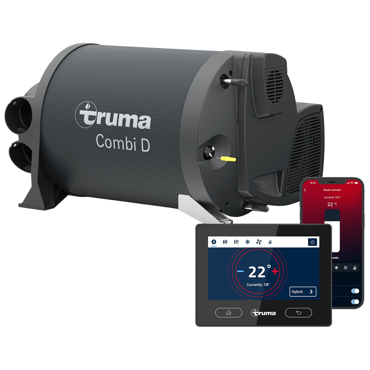 Truma Combi D Heizungs- und Warmwasserboiler in dunkelgrau, zylindrisch mit seitlichen Anschlüssen, Frontdisplay und Smartphone- sowie Tablet-App-Steuerung