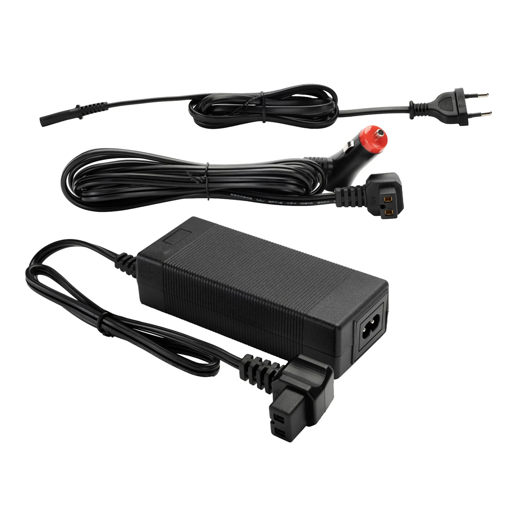 Netzadapter mit 230-Volt-Stecker sowie 12-Volt-Autostecker und Anschlusskabel für die Kühlbox Polarys Freeze SZ 50 l