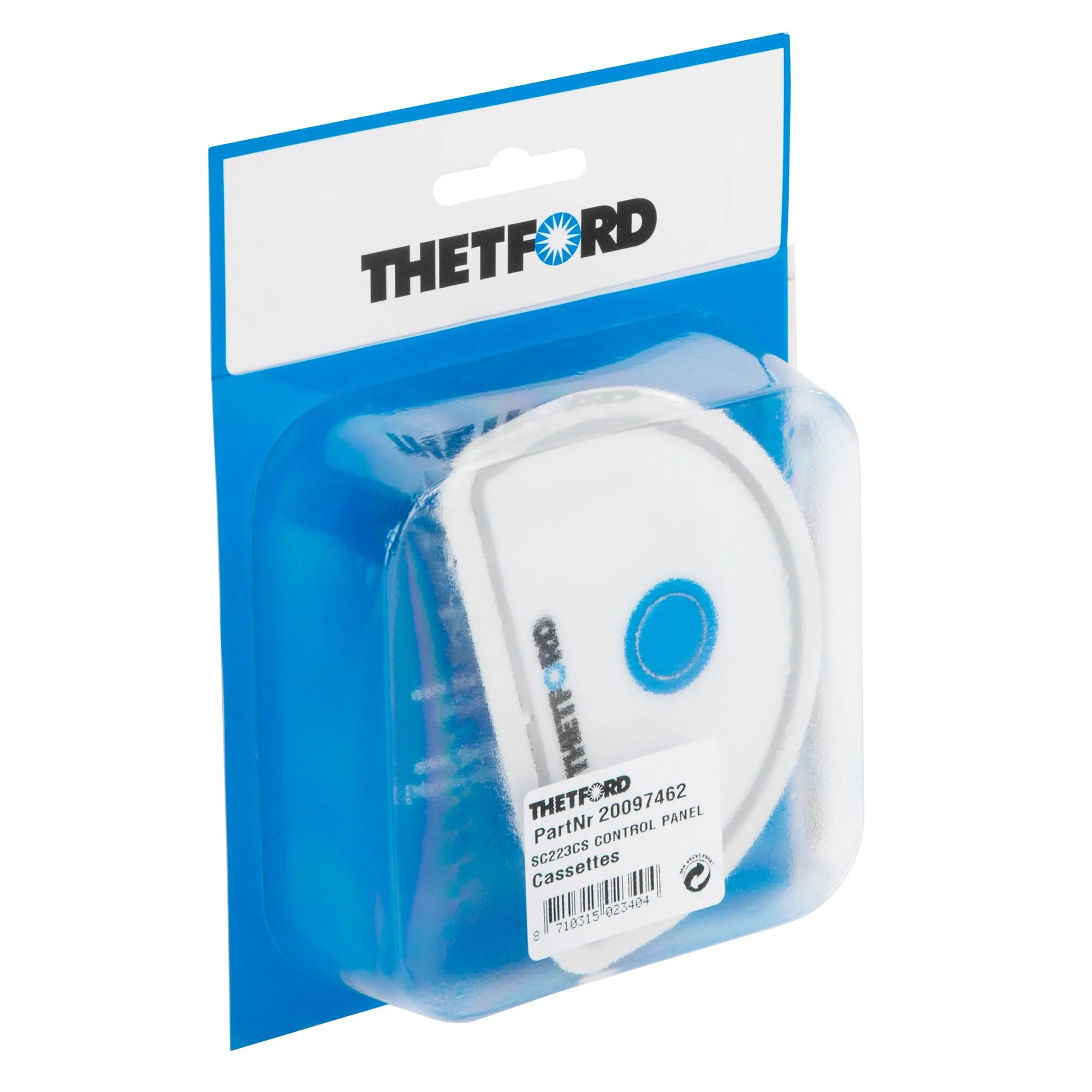 Verpacktes Thetford-Bedienteil für Cassettentoilette C223CS mit weißer Front und blauem Bedientaster
