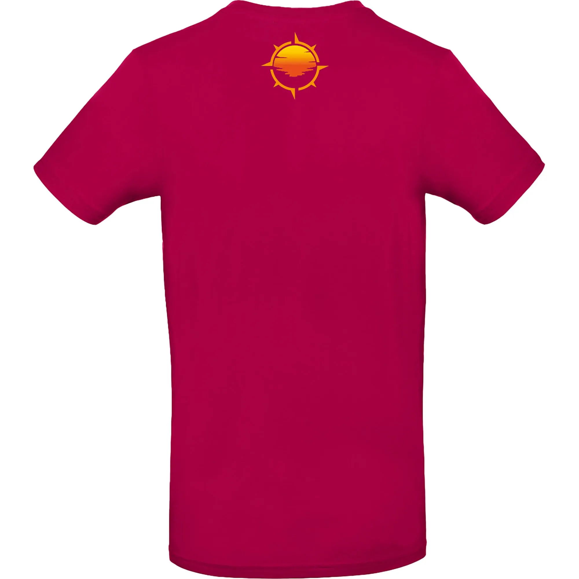Fuchsiafarbenes T-Shirt Vanlife 2 mit kurzen Ärmeln und gelbem Sonnenmotiv auf der Brust, frontal gezeigt, Größe L