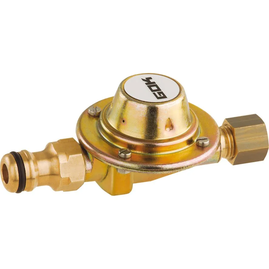 Goldfarbener Wasserregler RVS 8 aus Metall mit zentraler Kappe, seitlichen Anschlüssen und sichtbarem GOK-Logo