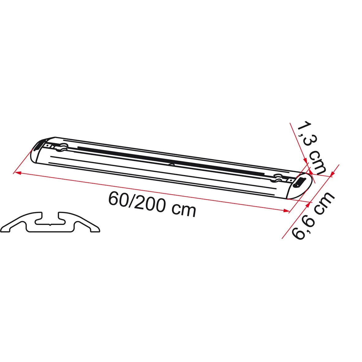 Technische Zeichnung der Multifunktionsleiste Garage-Bars mit 200 cm Länge, 60 cm Breite sowie 1,3 und 6,5 cm Maßen 
