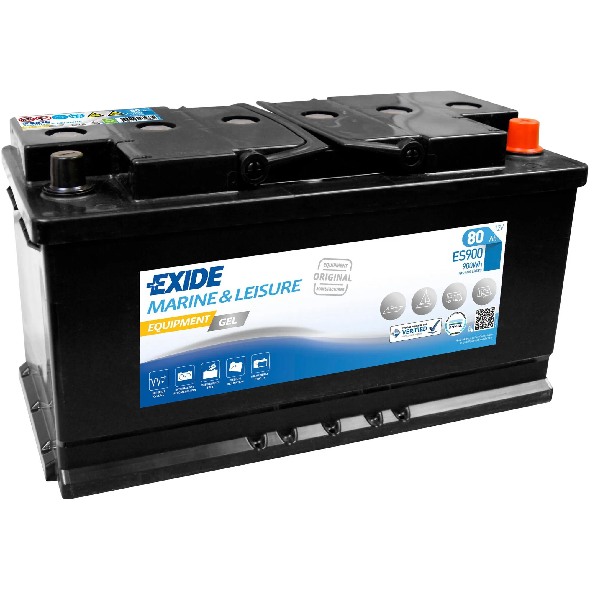 Exide Equipment GEL Batterie ES900 mit 12 Volt und 80 Ah, schwarzes Gehäuse und orangefarbene Anschlussabdeckung