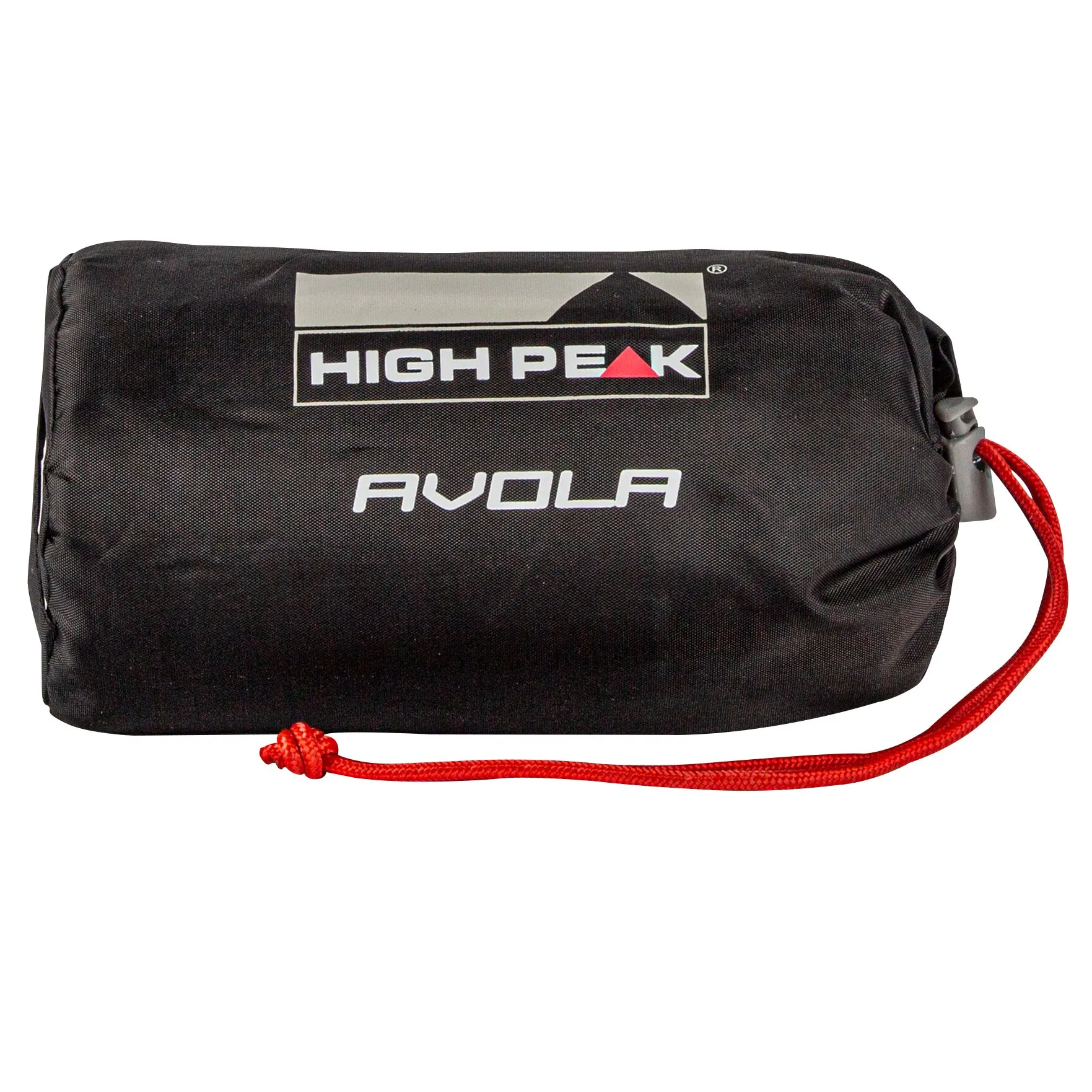Schwarzer Hüttenschlafsack Avola im kompakten Aufbewahrungsbeutel mit High-Peak-Logo und roter Kordel