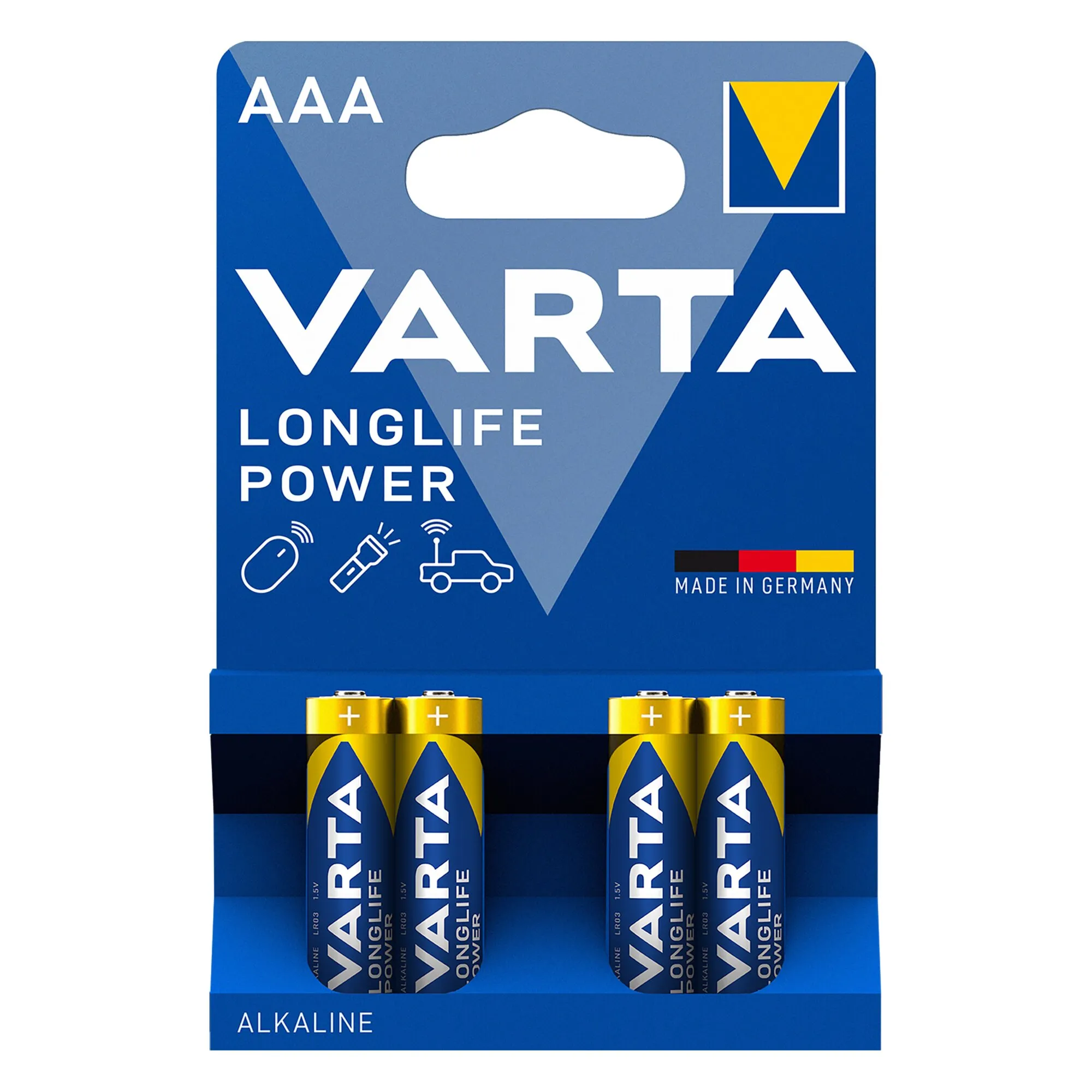 Blau-gelbe VARTA Longlife Power AAA-Batterieverpackung mit vier sichtbaren Alkaline-Batterien, 1,5 Volt, Made in Germany