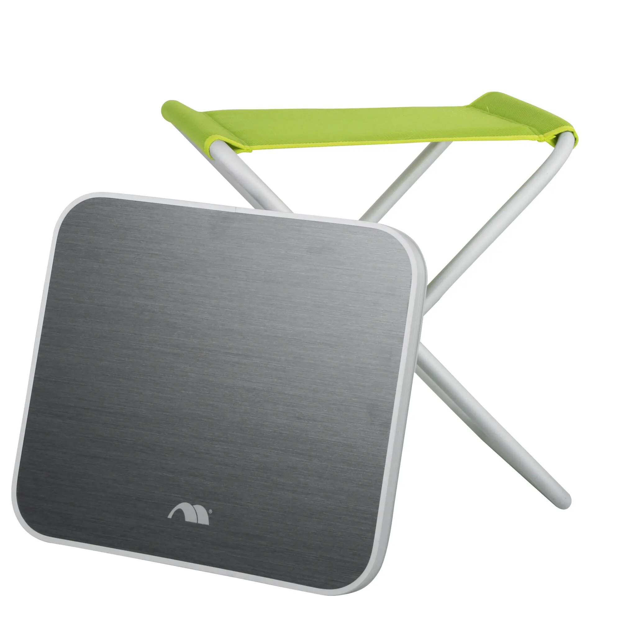 Hockerplatte HighQ mit grauer, abgerundeter Sitzfläche, weißem Klappgestell und grünem Textilbezug als Ablage 
