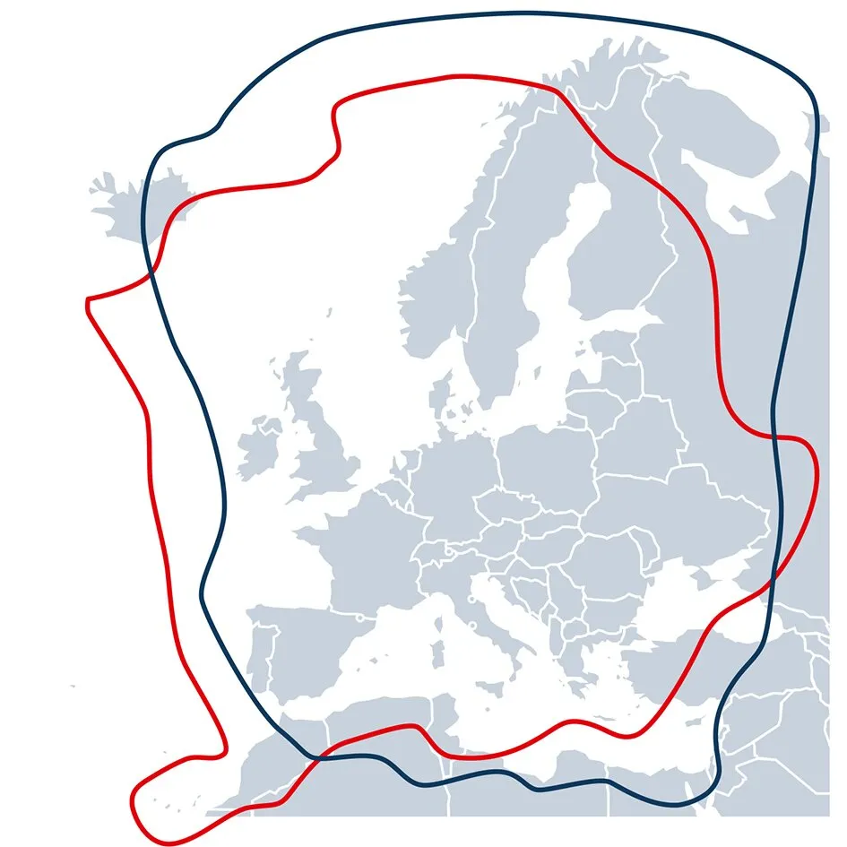 Europakarte mit zwei unterschiedlich großen Empfangskonturen der Sat-Anlage CAP 850 GPS in Rot und Dunkelblau