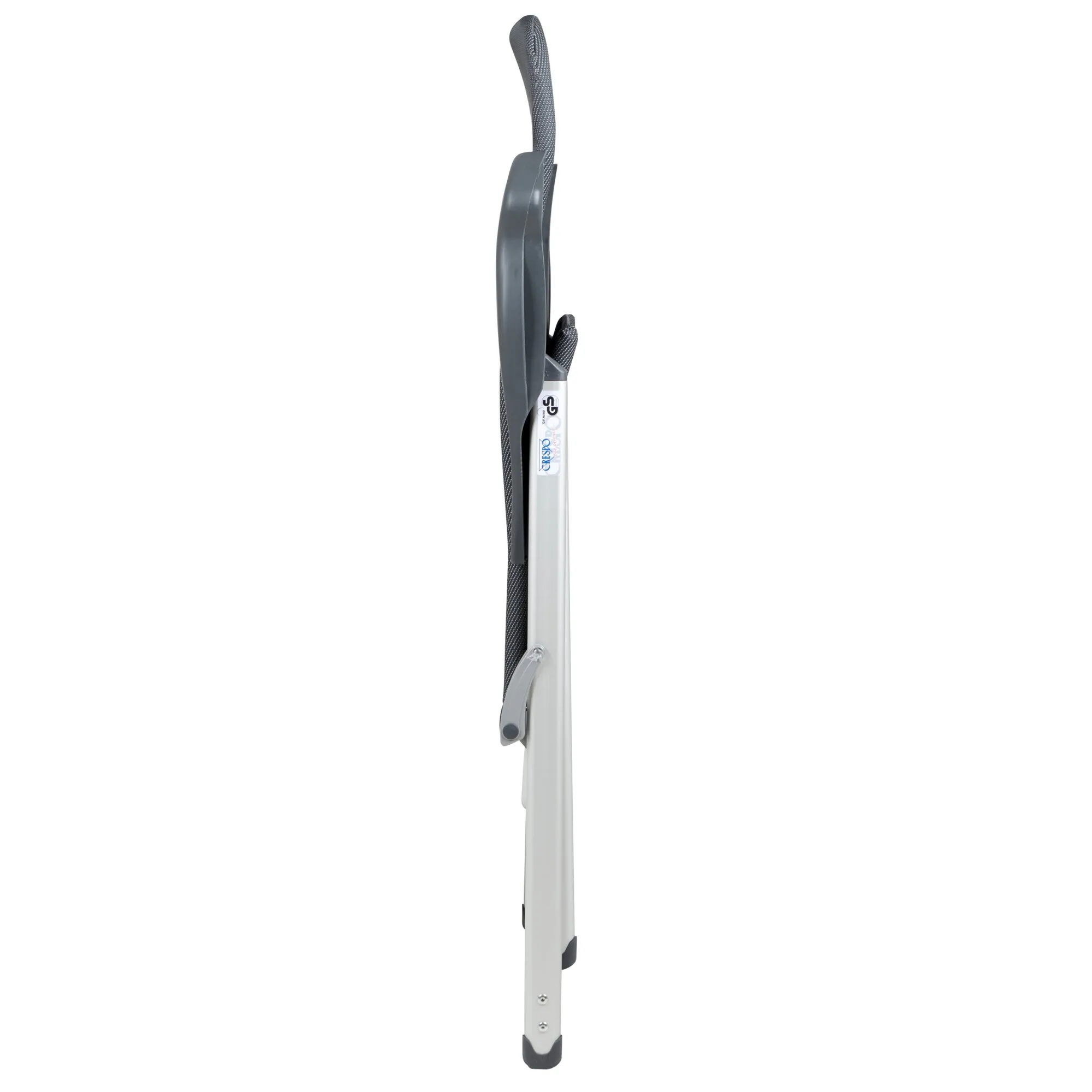 Zusammengeklappter Campingstuhl AL/237 Classic in Seitenansicht mit dunkelgrauem Stoffbezug, silbernem Aluminiumgestell und schwarzen Standfüßen