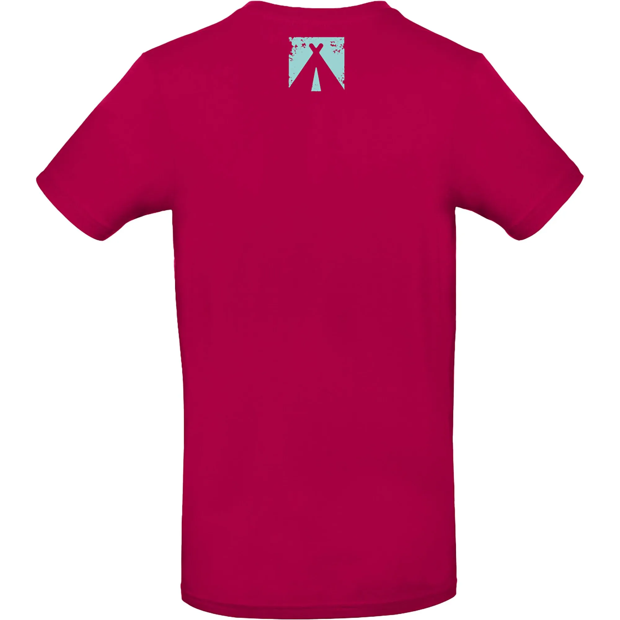 Fuchsiafarbenes T-Shirt Vanlife 1 mit kurzen Ärmeln und kleinem hellblauem Zeltsymbol im Brustbereich, Größe 3XL