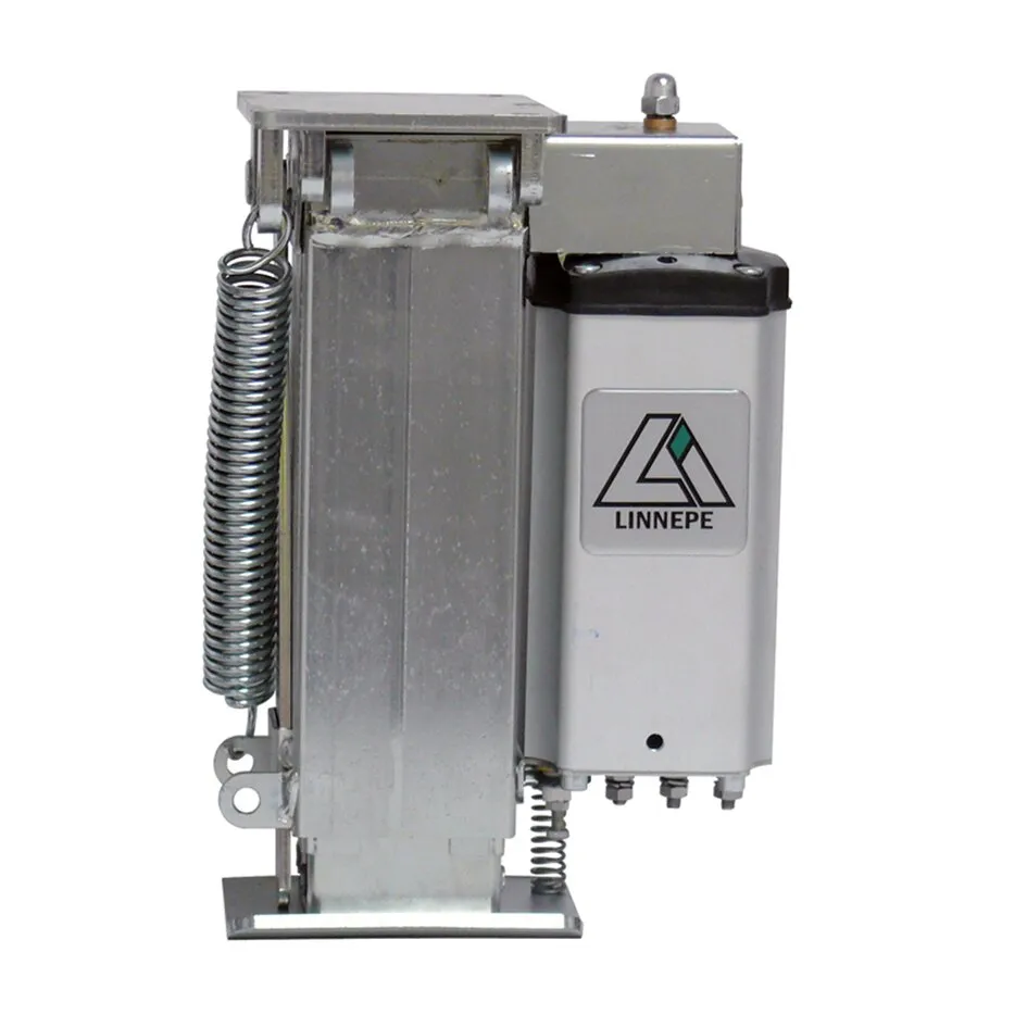 Silberne Autolift-4-Stützenanlage von Linnepe mit Metallgehäuse, Federn, Hebemechanik und seitlich angebrachtem Steuergerät