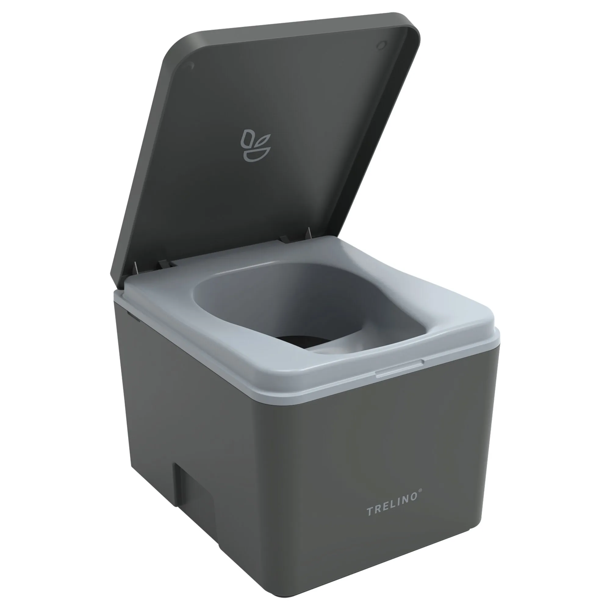 Trenntoilette Trelino Evo S in Anthrazit mit geöffnetem Deckel und sichtbarer grauer Trennschüssel in Frontansicht